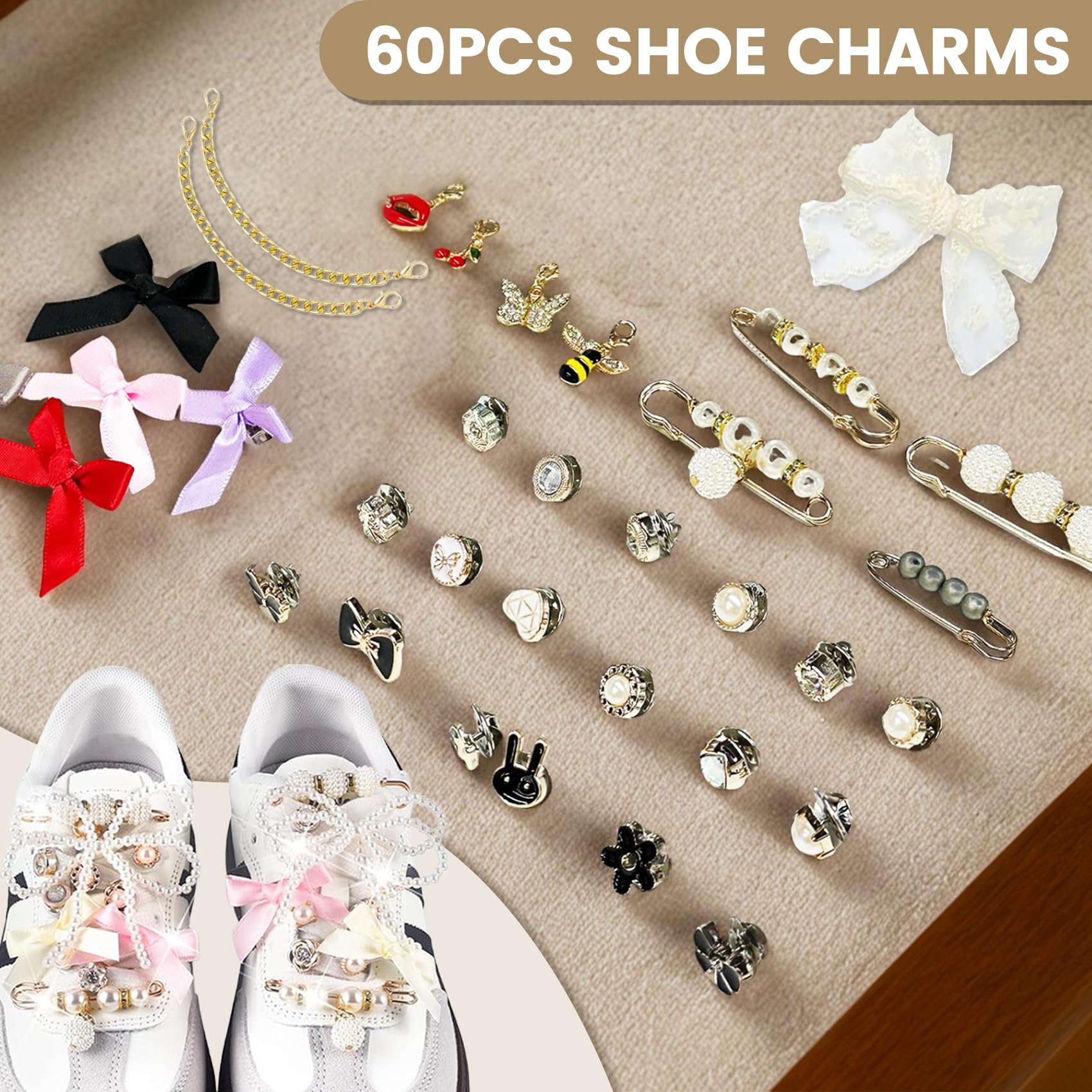 60 Piezas Colgantes para Zapatillas con broches de perlas y diamantes de imitación, Colgante con cierre de langosta para cordones, calcetines, ropa y accesorios decorativos — view 5