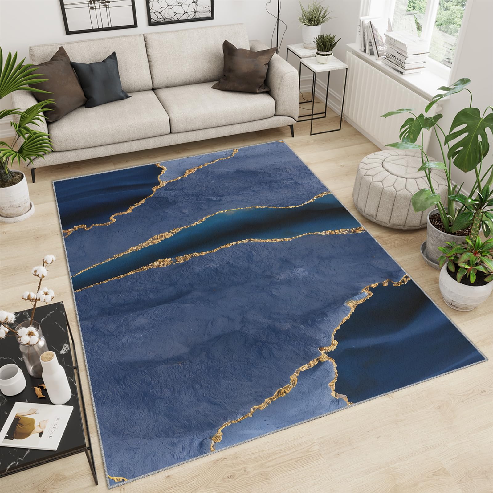 QDJKBL Area Rug 120 X 170 Cm Navy Blue Abstract Marble, Gradient Color Ink Graffiti Golden Crack Lines Modern Rug, Office Rug Water Proof for Office Balcony Dorm Room