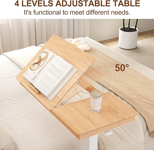 Miniatura 5 de Mesita de noche de madera maciza con ruedas, mesa de cama de hospital ajustable sobre la cama, escritorio rodante para computadora portátil,
