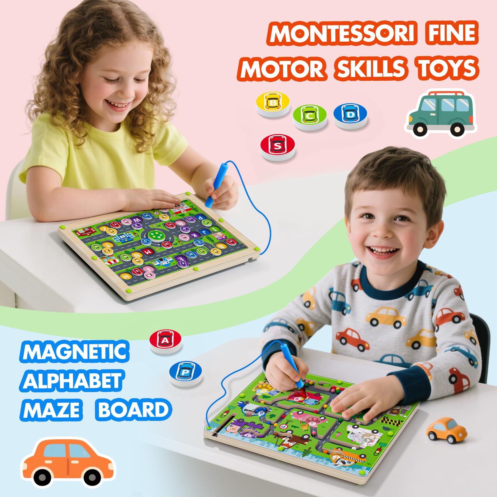 2 en 1 laberinto magnético con números de coche, tablero de conteo del alfabeto magnético, rompecabezas de madera, juguete preescolar Montessori, regalo para niños y niñas de 3 a 5 años (laberinto de