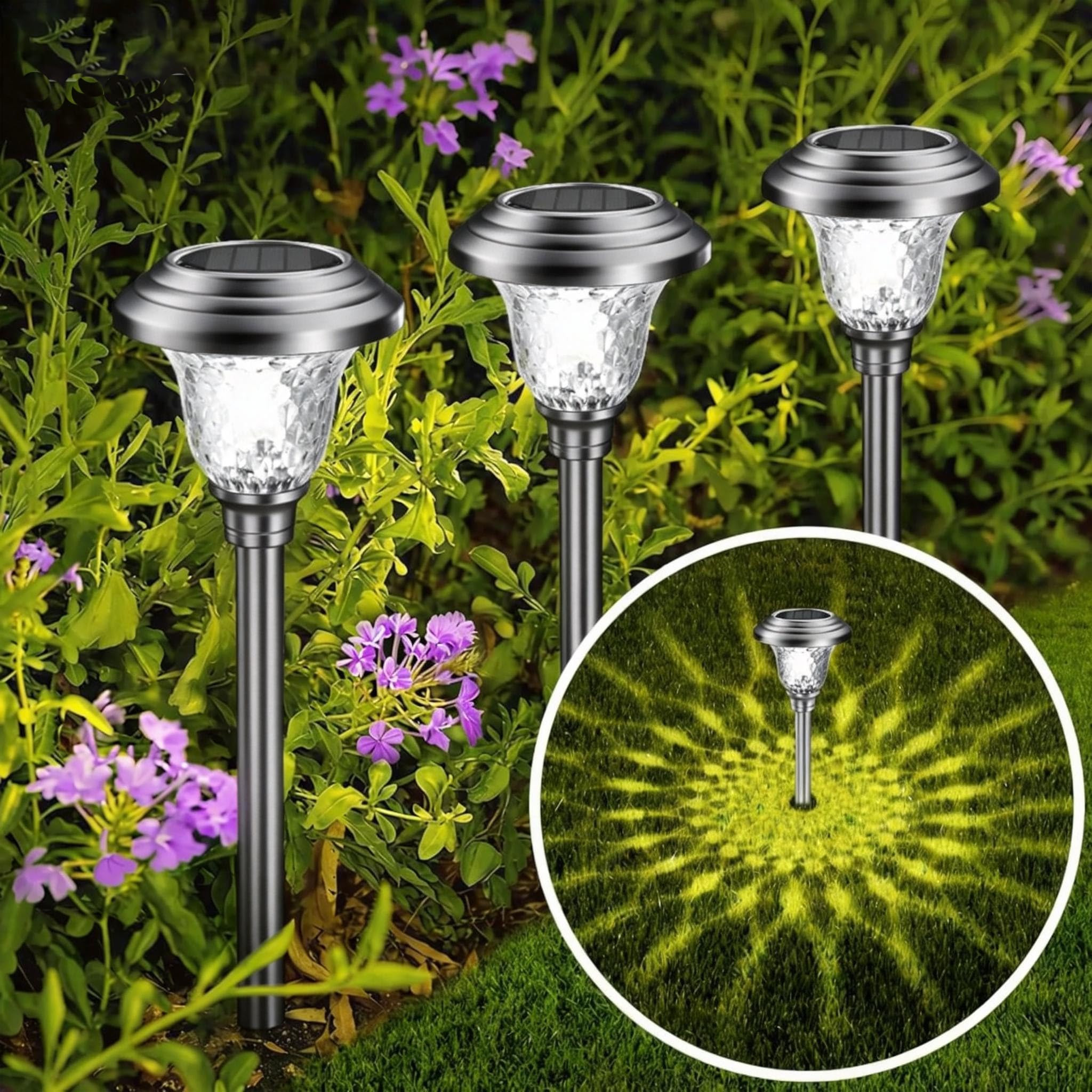 Beau Jardin 4 Pack Solar Pathway Lights White+ Color Changing Stainless Steel 3 Mode Outdoor Multicolor Metal Solar Powered Waterproof Glass for Garden Landscape Path Yard Walkway Driveway Silver