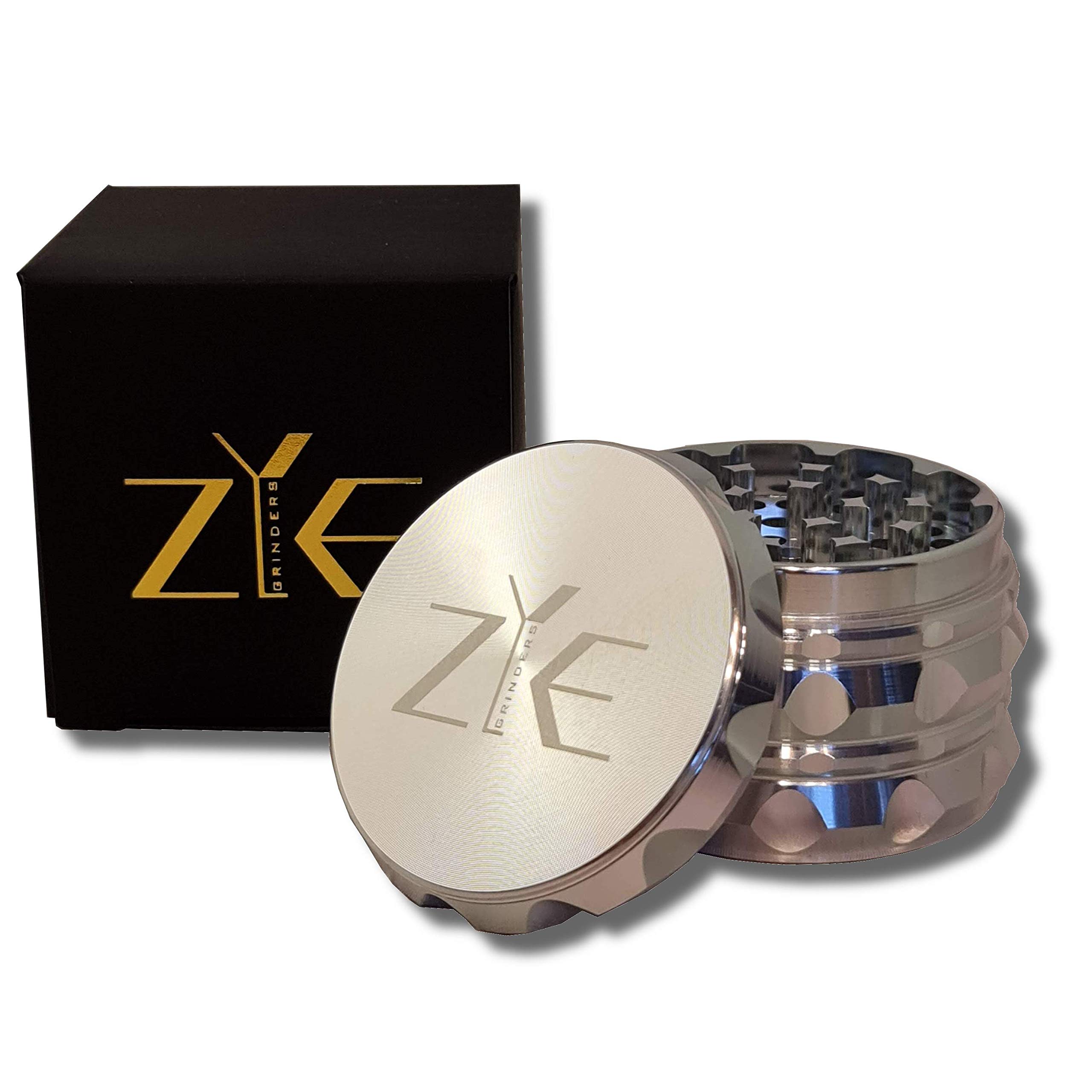 ZYE Herb Grinder – Quality Aluminium w/Ultra Sharp Teeth – Large 2.5" 4 Piece w/Twist & Lock Storage Layer – No Flaking and Non-Stick - Silver-image-25