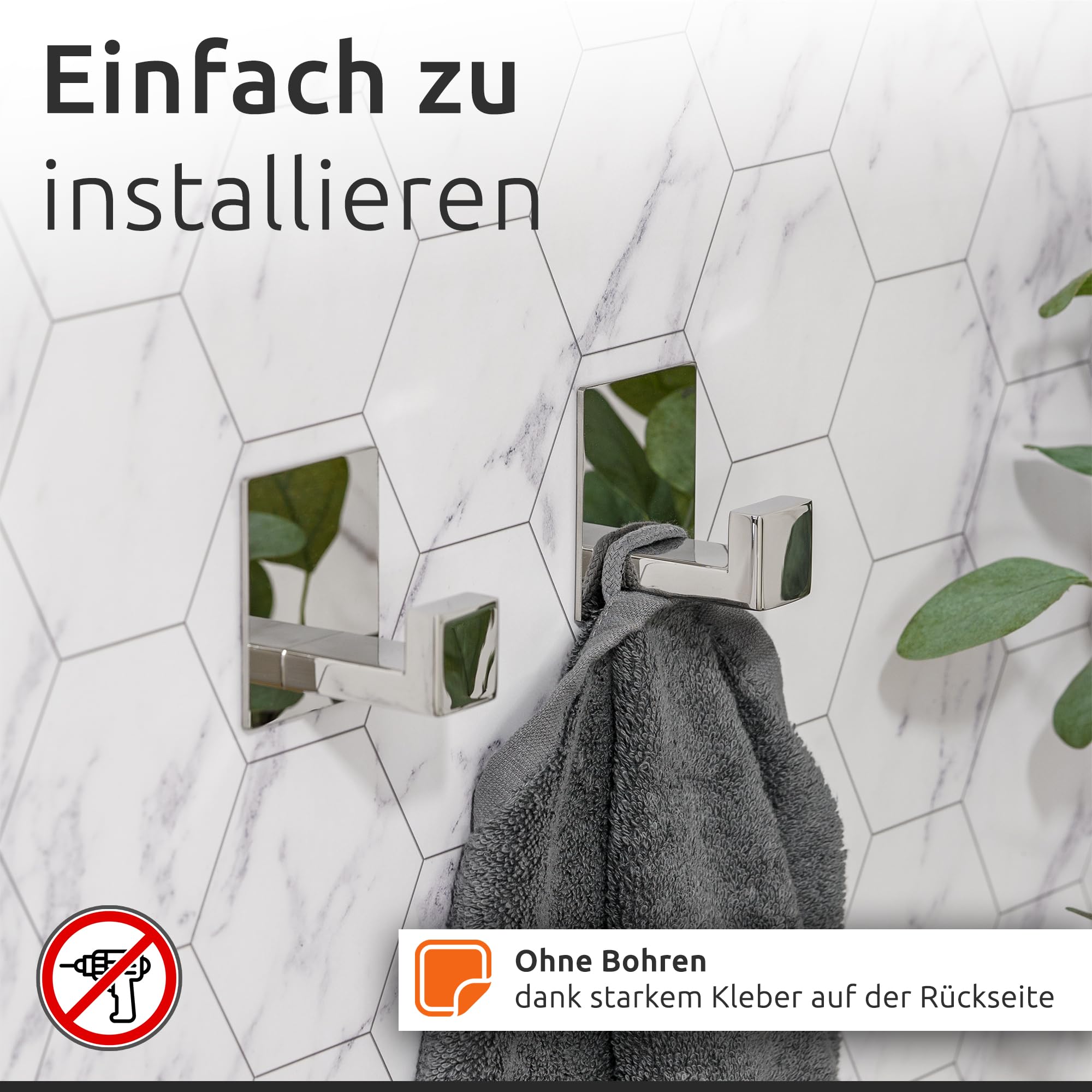 ECENCE Toilettenpapierhalter + 2 Handtuchhaken ohne Bohren Chrom | Badezimmerset selbstklebend, Badezimmeraccessoires - rostfreier Edelstahl 304, Handtuchhalter + Klorollenhalter