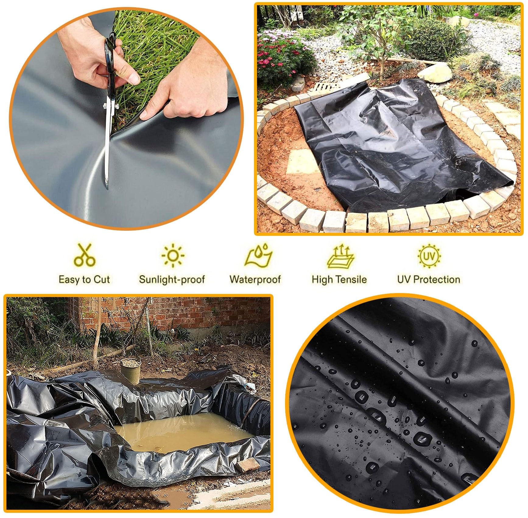 Revestimiento Flexible Negro para estanques - HDPE 2x2m, 3x5m, 4x6m - Membrana Impermeable para estanques de Peces y Fuentes de Agua, fácil de Cortar para Jardines, Fuentes y Arroyos.