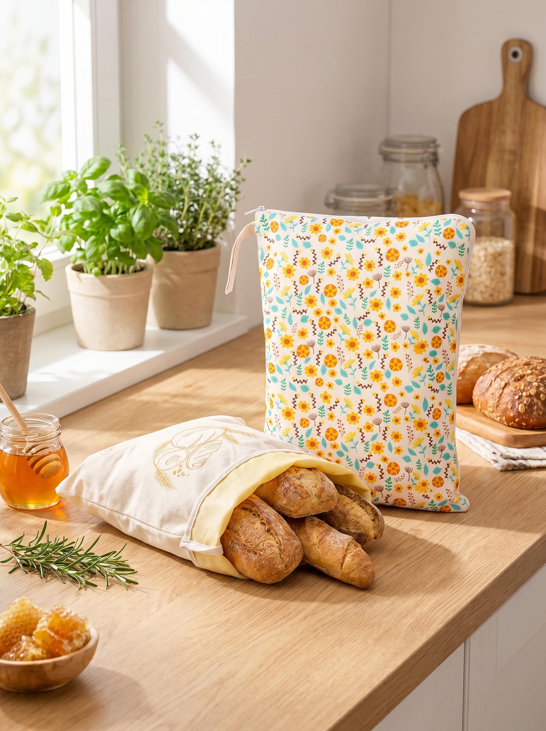 2 Sacchetti per il pane di cera d'api, 43×33 cm sacchetti di cotone rivestiti in cera d'api naturale, Riutilizzabili e per la conservazione di lievito e pane fatto in casa