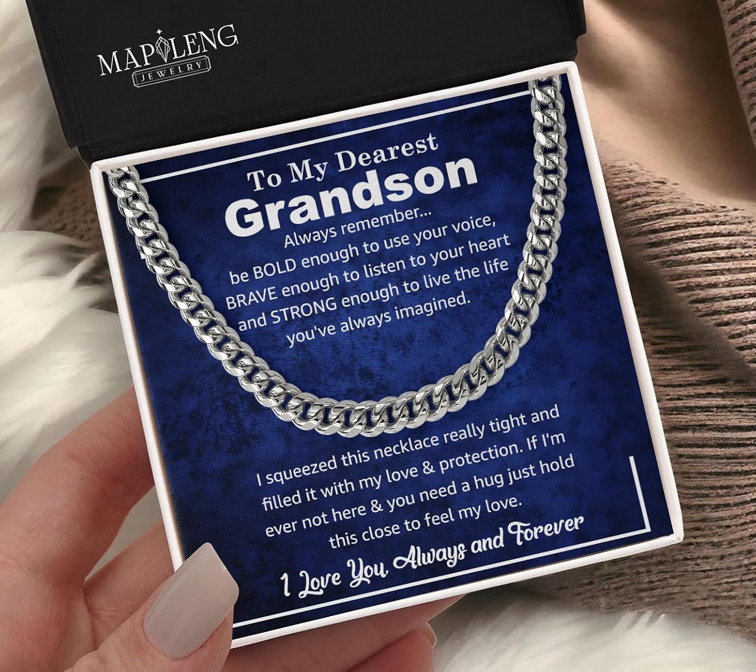 To My Grandson Cuban Chain Necklace, Cuban Link Men Chain Gifts For Grandson, Stainless Steel Chain Birthday Christmas Jewelry Gifts For Grandson With Message Card And Box