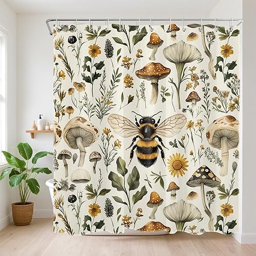 Cortina de ducha vintage con diseño floral bohemio para baño, bonita cortina de ducha retro de hongos, abeja, tela de poliéster, planta botánica,