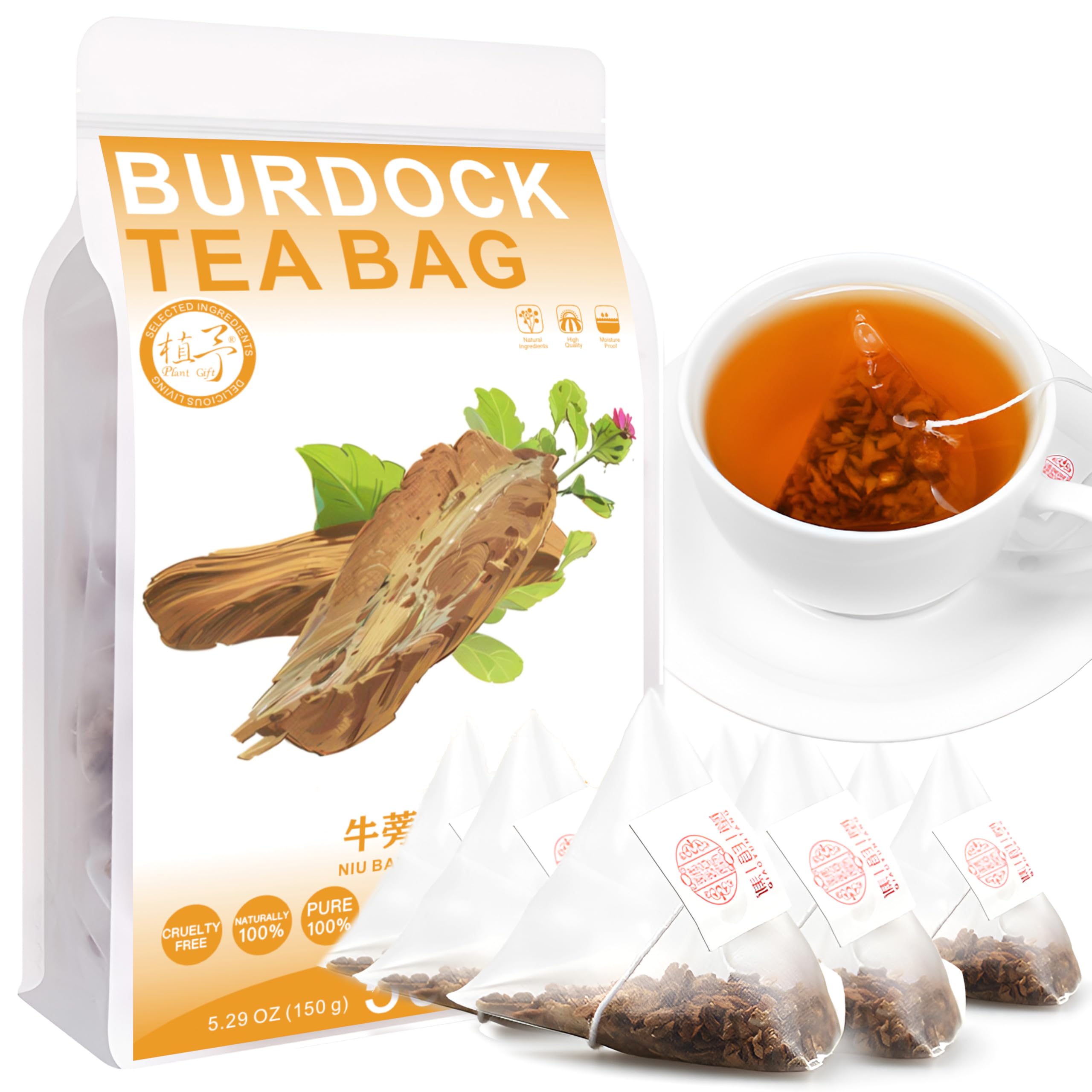 100% Natural Burdock Tea Bag, 150g/5.29oz (3g*50bags) 牛蒡茶 Tea bag Burdock Root Tea, Loose Leaves Tea Burdock Root Slices No Caffeine Non-GMO, Steep 50 Cups, Caffeinated Iced & Hot Tea