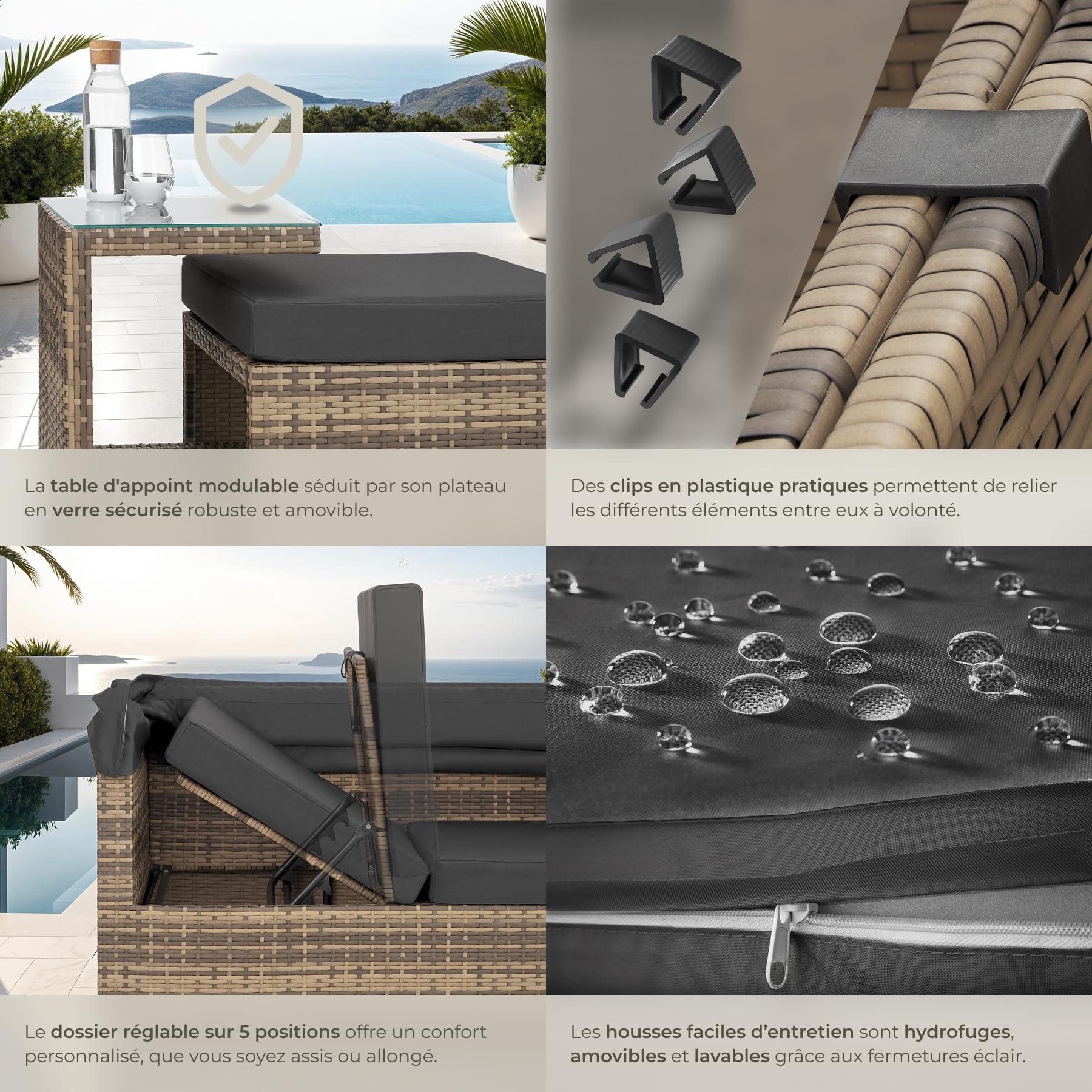 tectake® Salon de Jardin Exterieur Modulable Canapé de Jardin Bain de Soleil avec Pare-Soleil, Table de Jardin en Verre, Aluminium et Resine Tressee Amenagement Balcon Terrasse - Marron Naturel