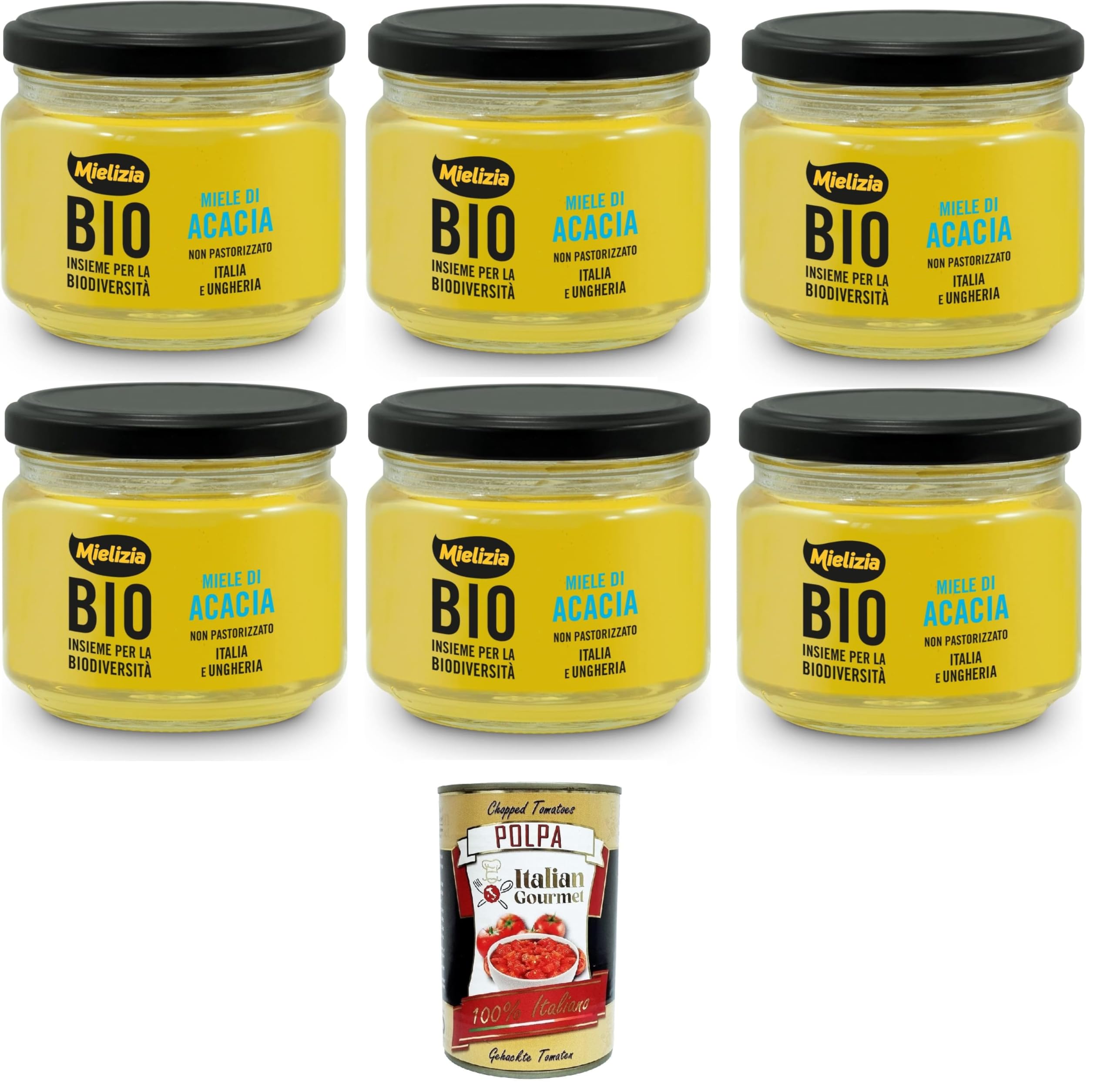 Italian Gourmet Miele di acacia Akazienhonig unpasteurisiert 6 x 300g | Dolce chiaro e delicato, roh abgefüllt, ideal für Tee, Joghurt, Käse und, Gesamtnettogewicht 1,8 kg + Kostenlos Polpa 400g