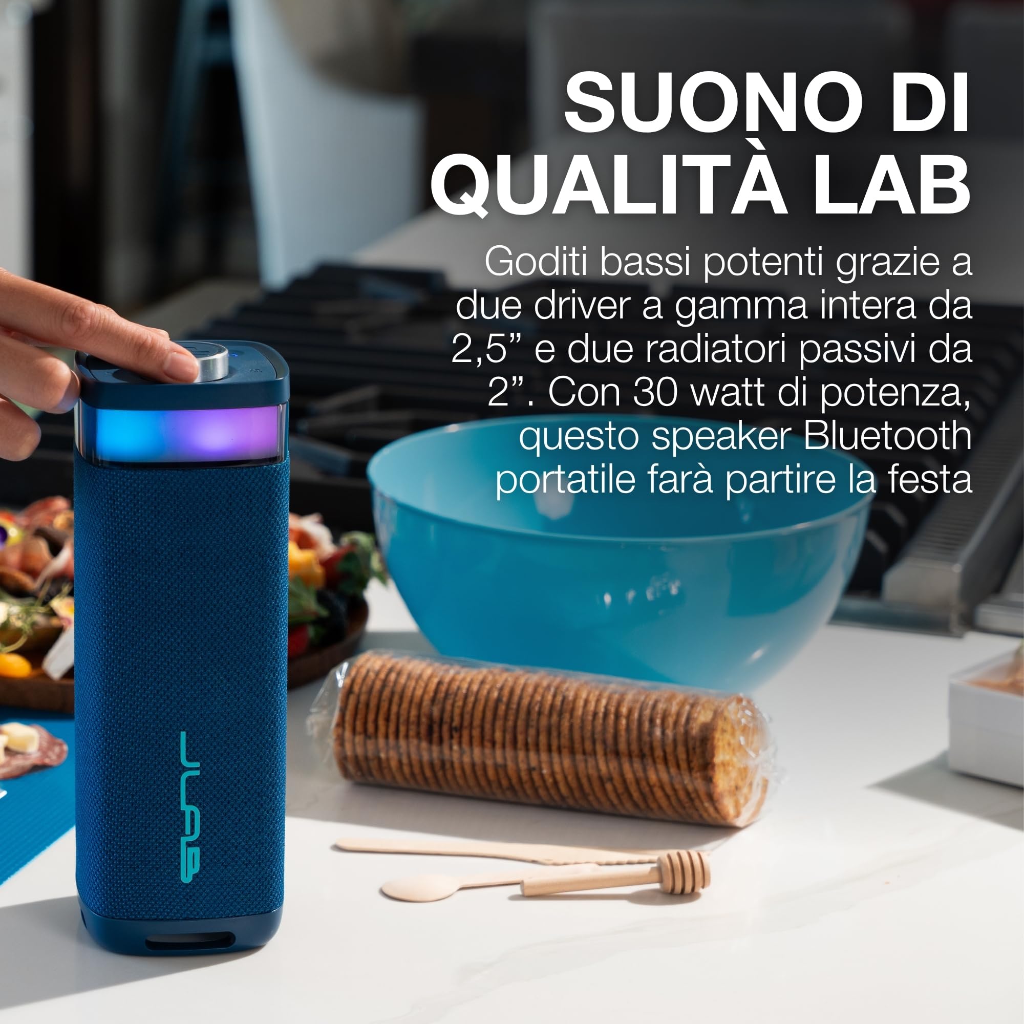 JLab JBuds Party Cassa Bluetooth Portatile - 12+ ore, Blu Navy | Altoparlante Wireless da 30W per Esterni e Viaggi con Luci RGB e Audio Potente, Resistente all'Acqua IP56