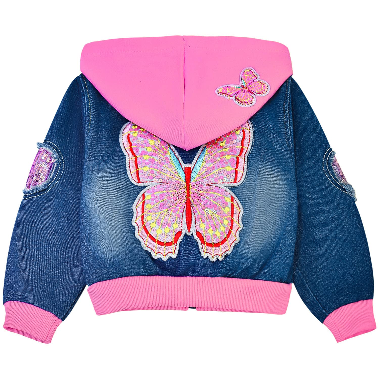 Peacolate Filles Veste en jean Broderie Paillettes Papillons Manteaux avec fermeture éclair et capuche Printemps Automne Denim Vêtements d'extérieur pour 3-10ans