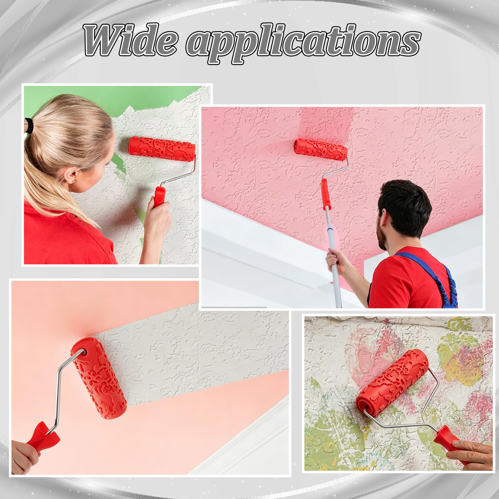 Rouleau à Peinture Texturé en Relief (4 pièce) Rouleau à Pâtisserie en Caoutchouc et Plastique avec Cadre Outil de Création de Motifs Décoratifs à Faire Soi Même Rouge 320x185x45mm
