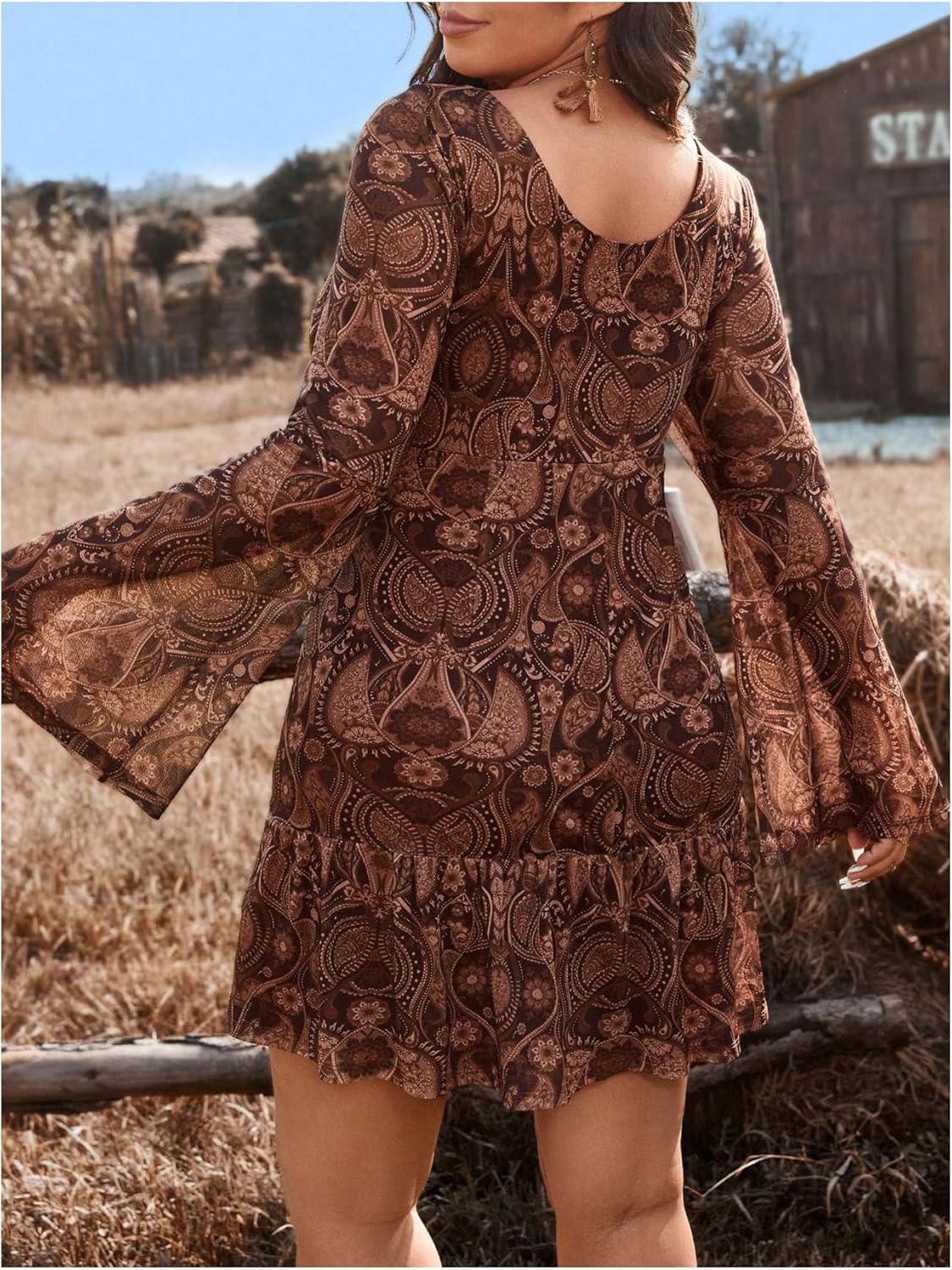 Verdusa Women's Plus Size Paisley Print Short Dress Boho Bell Sleeve V Neck Ruffle Dresses Rave Outfits - Image 2