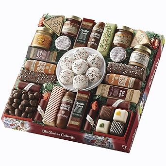 The Swiss Colony 27 Favorites Food Gift Set, Summer Sausage Meats and Cheeses, Assorted Chocolates, Candies, Petits Fours, Cheese & Charcuterie Board Gifts Basket, Holiday, Christmas - Holiday Red Box
