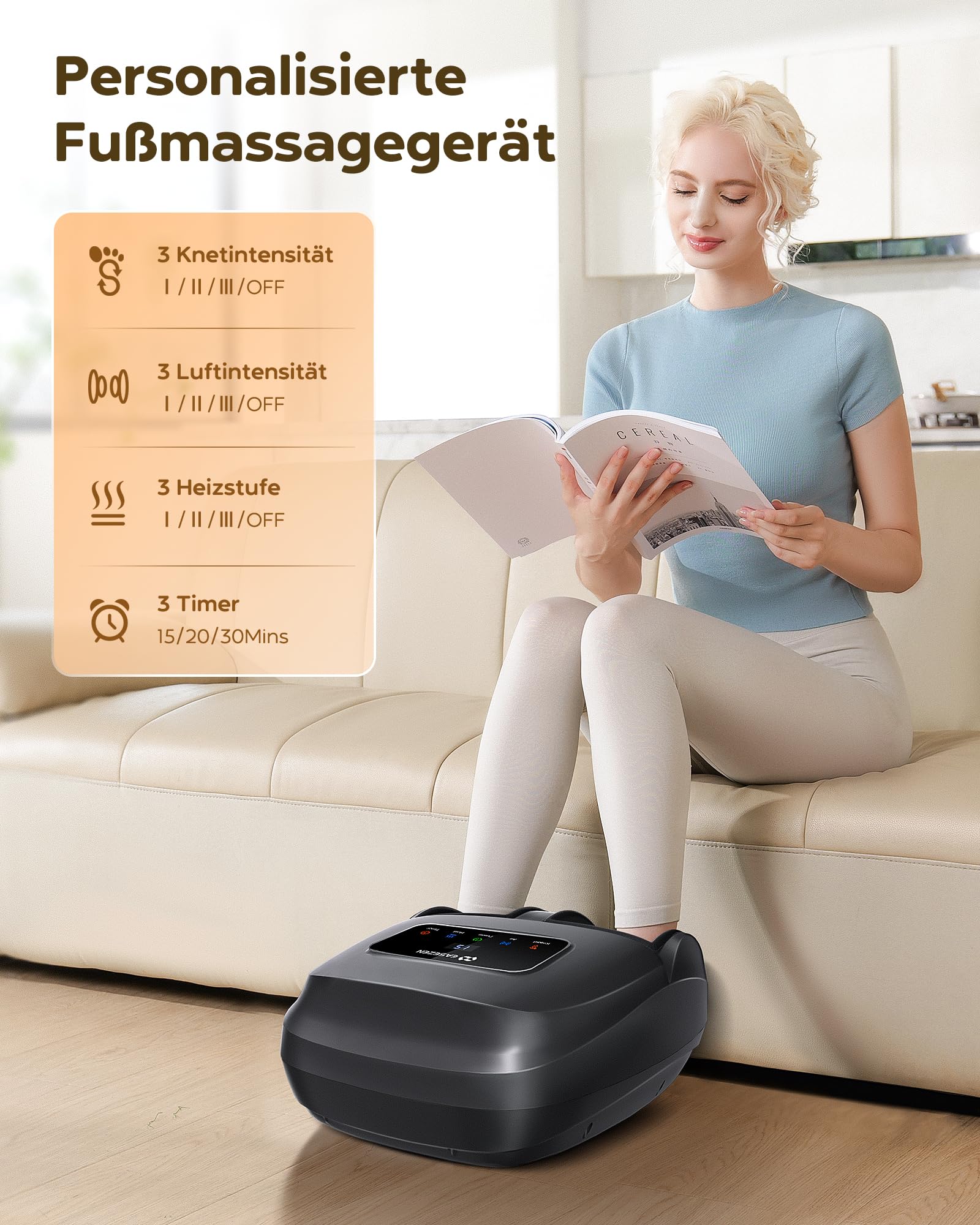 EaseZen Fußmassagegerät, Fussmassagegerät Fernbedienung & LCD, bis Gr. 48 | Shiatsu Fußmassagegerät Vollfuß-Wärme 3 Stufen 3 Knet-/Luftdruckstufen Kunststoffgehäuse, schwarz, bis EU 48