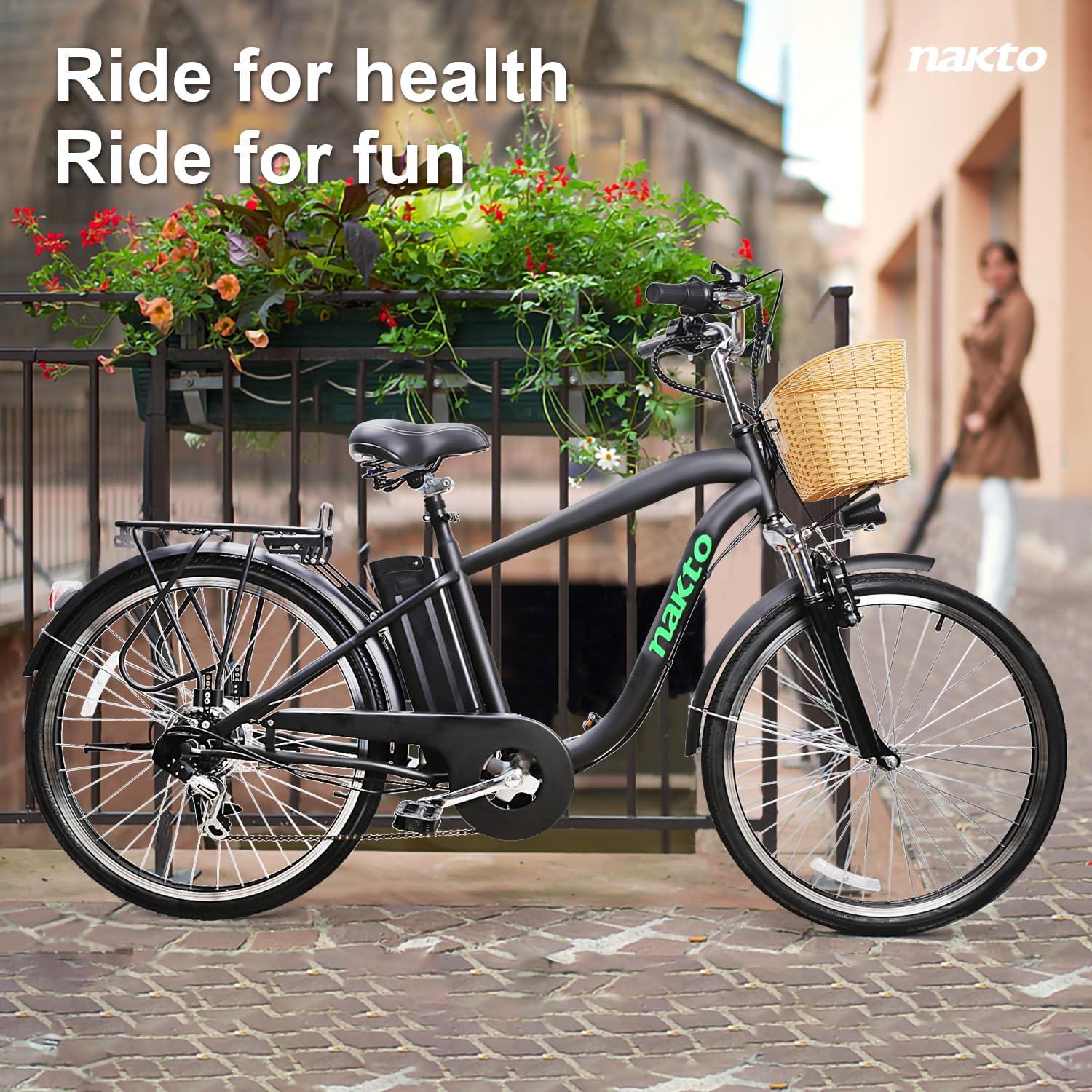 NAKTO Electric Bike for Adults Electric Bicycle 22MPH 45 Miles City Commuter Ebike, High Brushless Gear Motor 6-Speed Gear Electric Cruiser Bike with Basket for Adult, UL 2849 Certified Sports