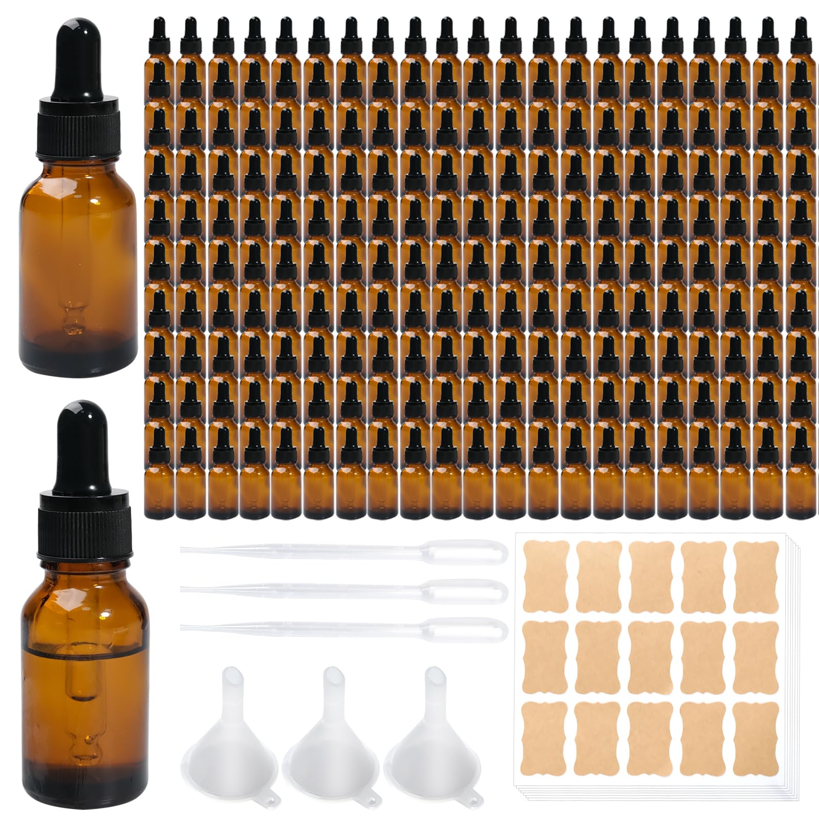 TANEMUDO 210 Pack 15ml Dark Dropper Bottles with Eye 1/2 oz Glass Brown Tincture Bottles for Essential Oils, Liquids, Perfumes, Lab Chemicals, and