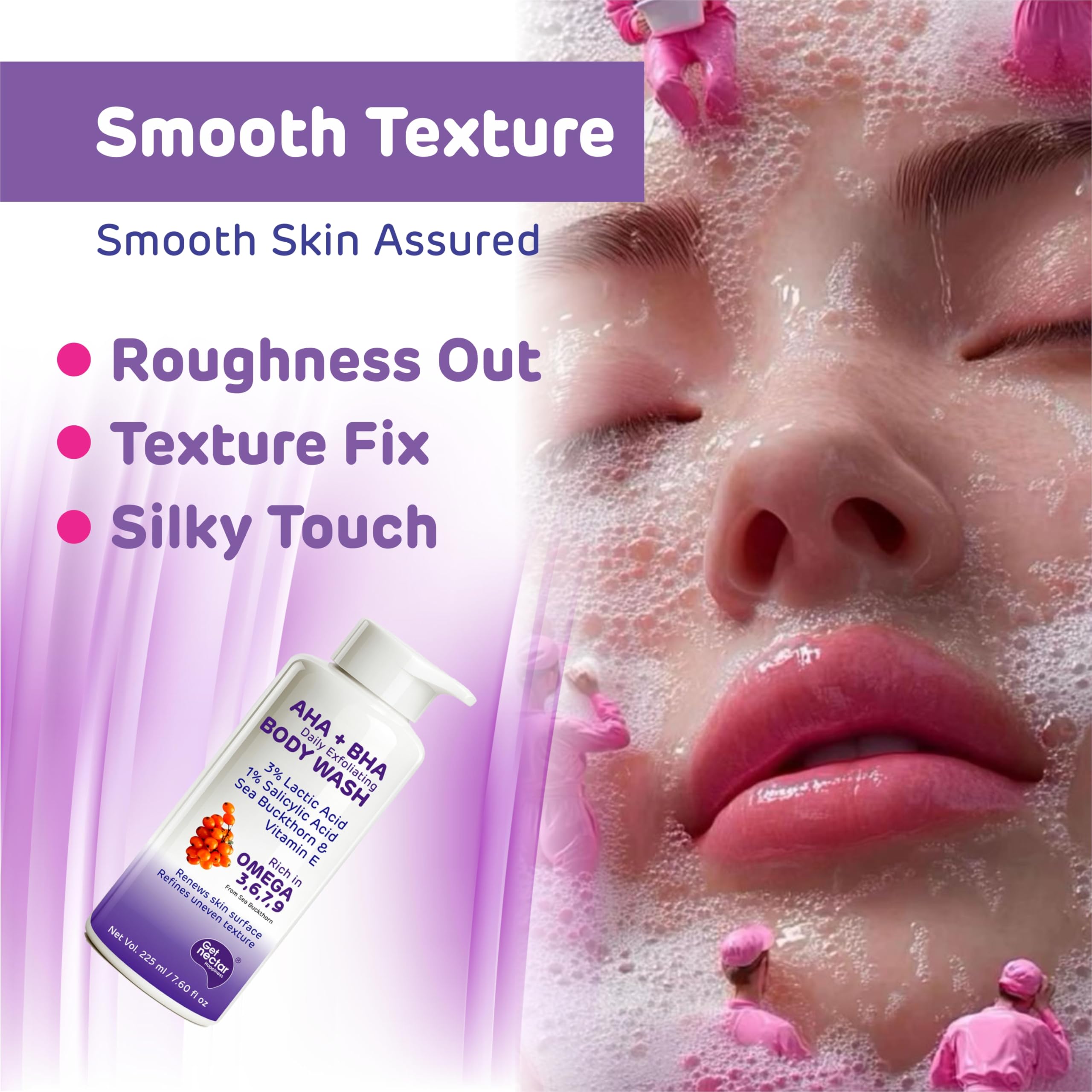 Get Nectar Happiness Korean Glow Essence AHA-BHA Body Wash | 4% Actives (3% Lactic Acid + 1% Salicylic Acid) | Omega 3,6,7,9 | Exfoliating Body Wash for Tan, Body Acne & Smooth Glowing Skin | Sulfate & Paraben Free | For Men & Women | 225ml 3