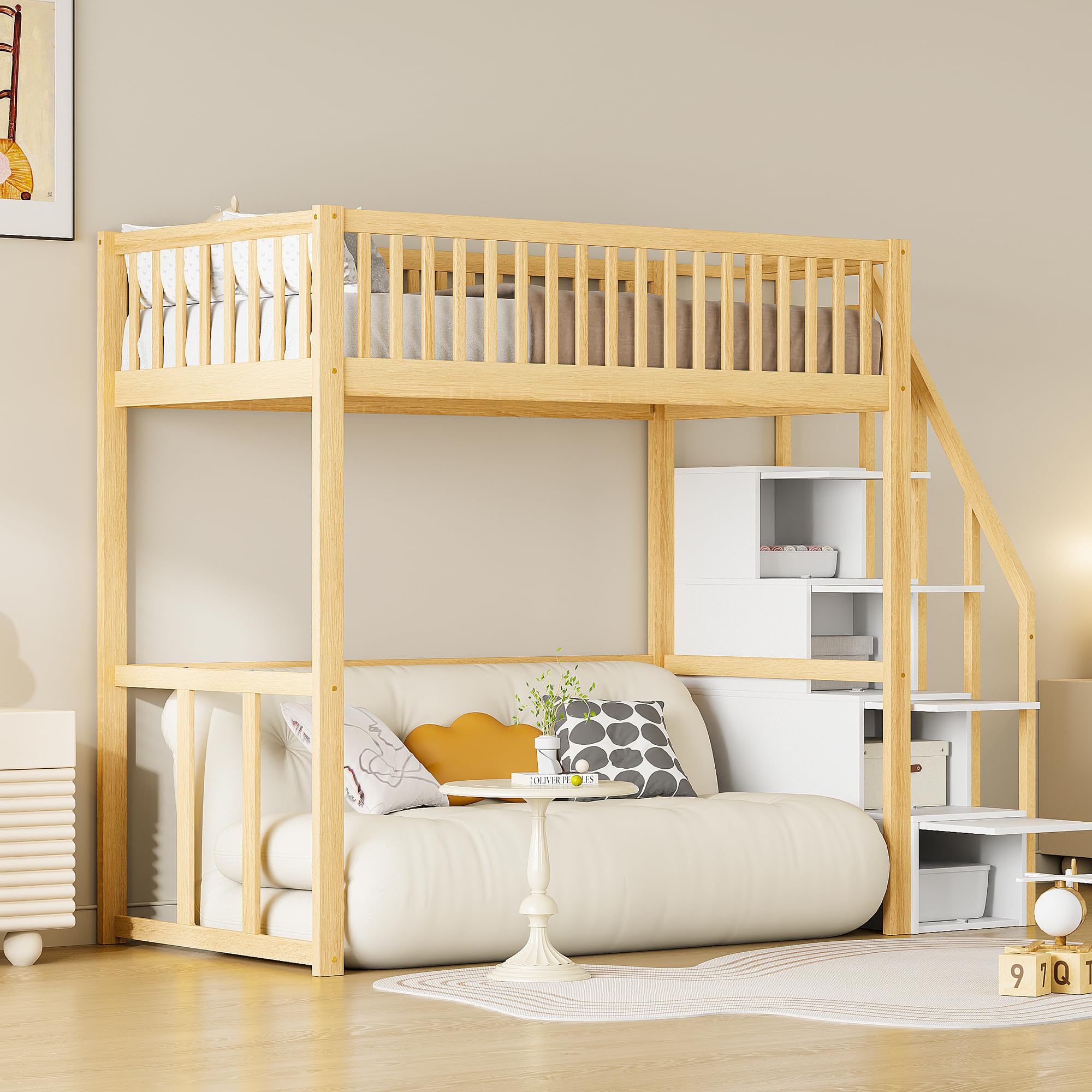 Moimhear Letto a soppalco 90x200cm con scala di sicurezza e contenitore, struttura del letto in legno di pino massiccio per bambini e ragazzi (colore legno + bianco)