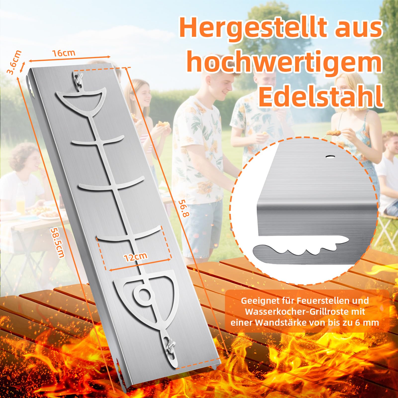 Flammlachsbrett Lachsbrett aus Edelstahl für Feuerschale und Kugelgrill Grill Feuerstelle Feuerschalen | Flammlachsbretter mit Halterung 180° Wendefunktion 5 Fach Verstellbar 58.5X16cm