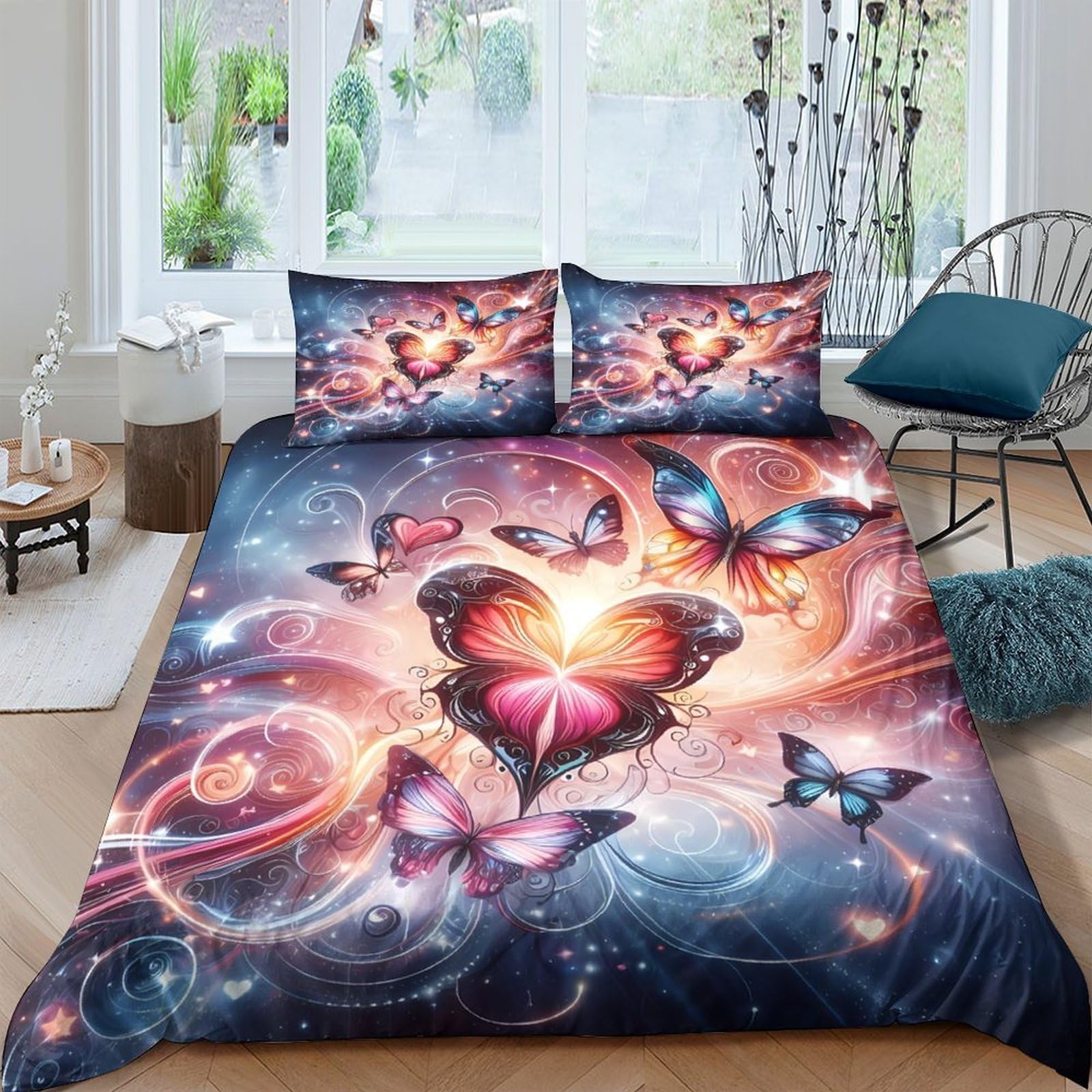 Ctjqhvkz Style-5 3D Printed Butterfly Heart Fitted Sheet Microfiber Soft Decor Cosmic Nebula Mattress Cover Bedroom Guest Room Protection Single（135X200cm）