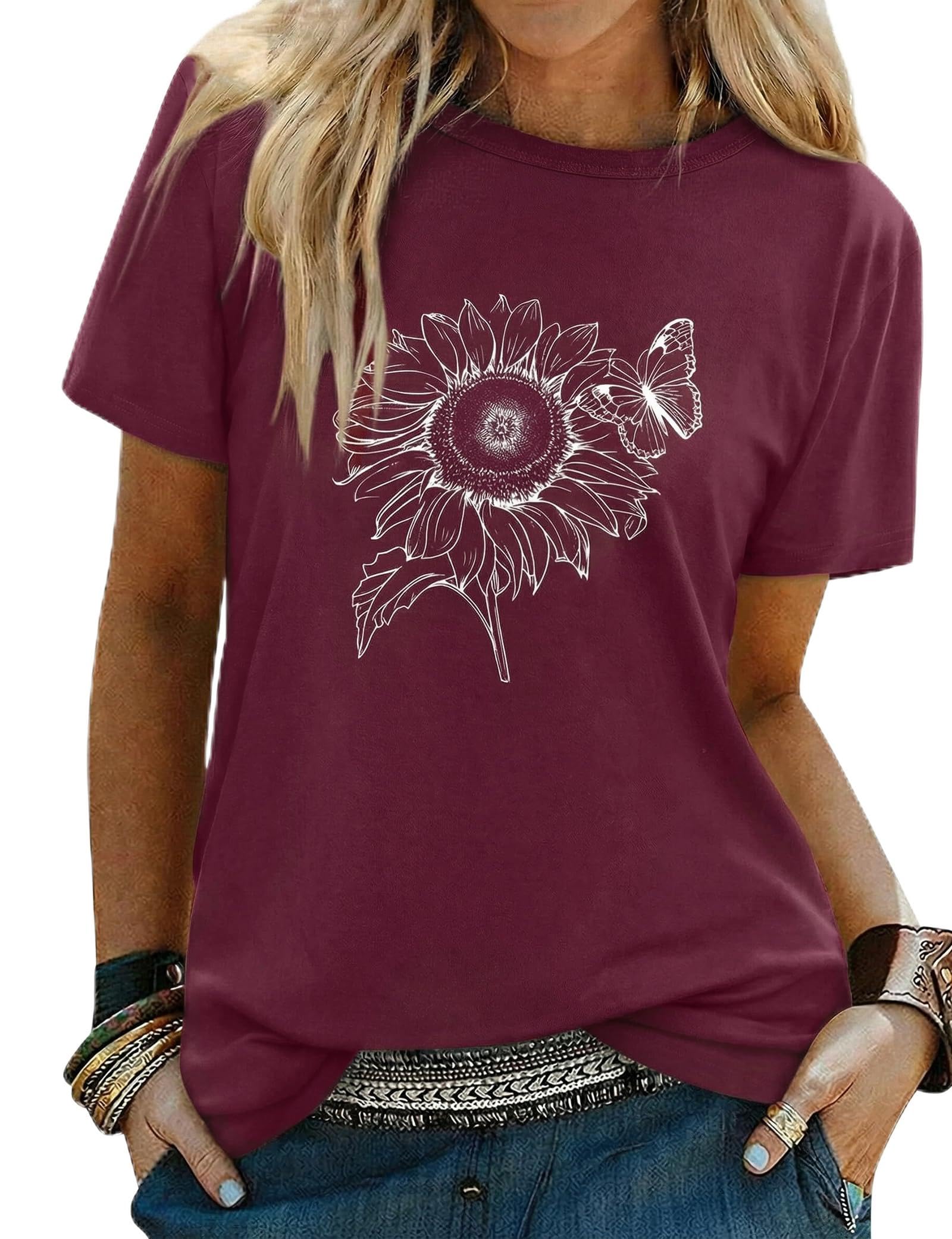Gyabnw Damen Sonnenblumen T Shirt Sommer Rundhals Basic Tops Kurzarm Bluse Casual Freizeit Oberteil