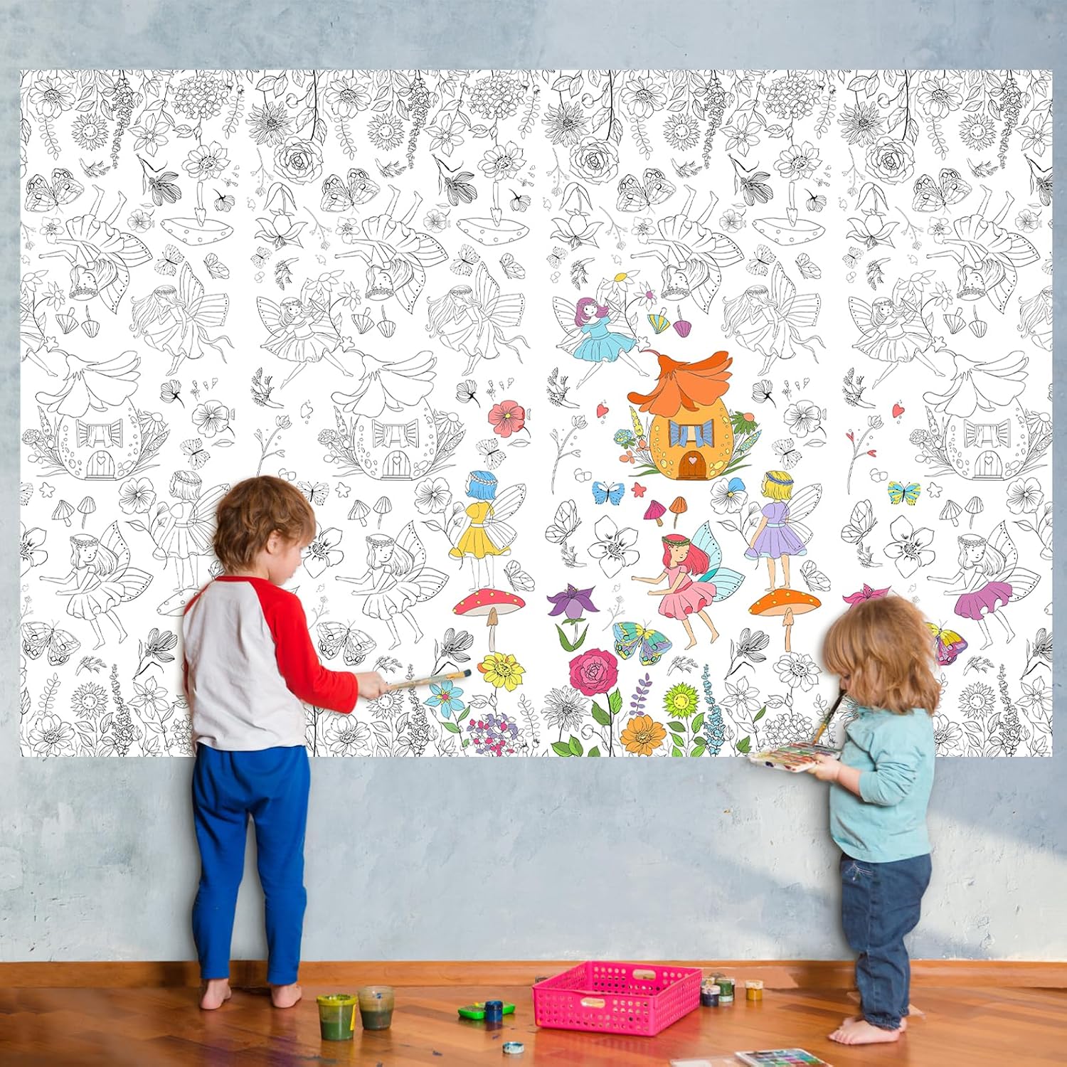 PHOGARY Giant Flowers Butterfly Coloring Poster Coloring Tablecloth for Kids, 47x71inch Colouring Table Cover Jumbo Coloring Tablecloth for Birthday Party Crafts Gift Art Coloring Educational, White