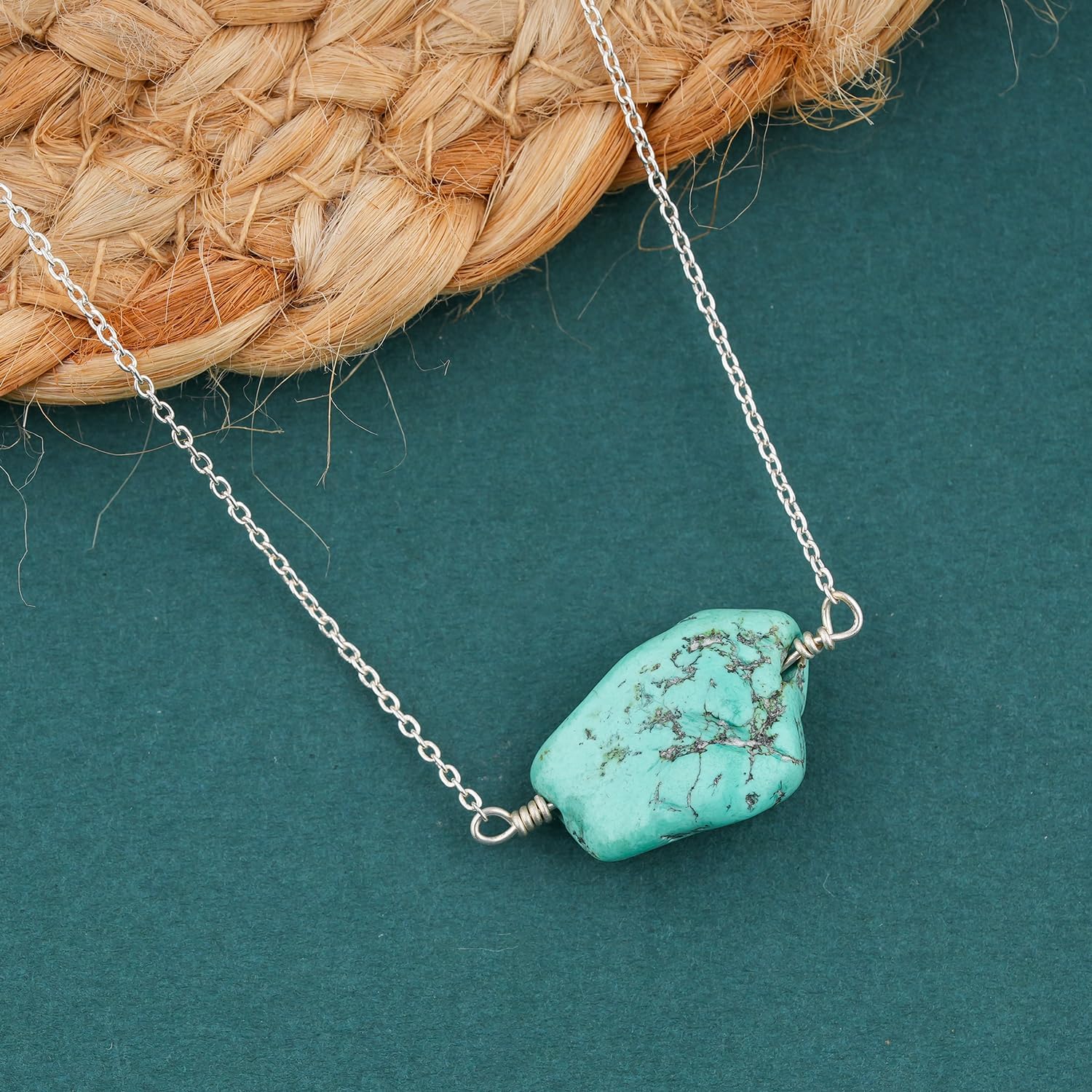 Natural Real Tibetan Turquoise Crystals Pendant Necklace, Polished Rough, Birthstone, Tumbled Raw Gemstone, Silver Plated Brass Jewelry 18 inch - Image 3