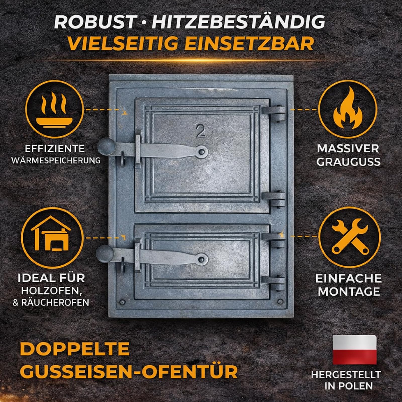 QLS Doppelte Ofentür aus Gusseisen für Holzofen 34 x 26 cm | Aus Grauguss gefertigt mit Außenmaß 34 x 26 cm und Einbaumaß 30 x 22 cm. Geeignet für Holzofen, Backofen und Räucherofen