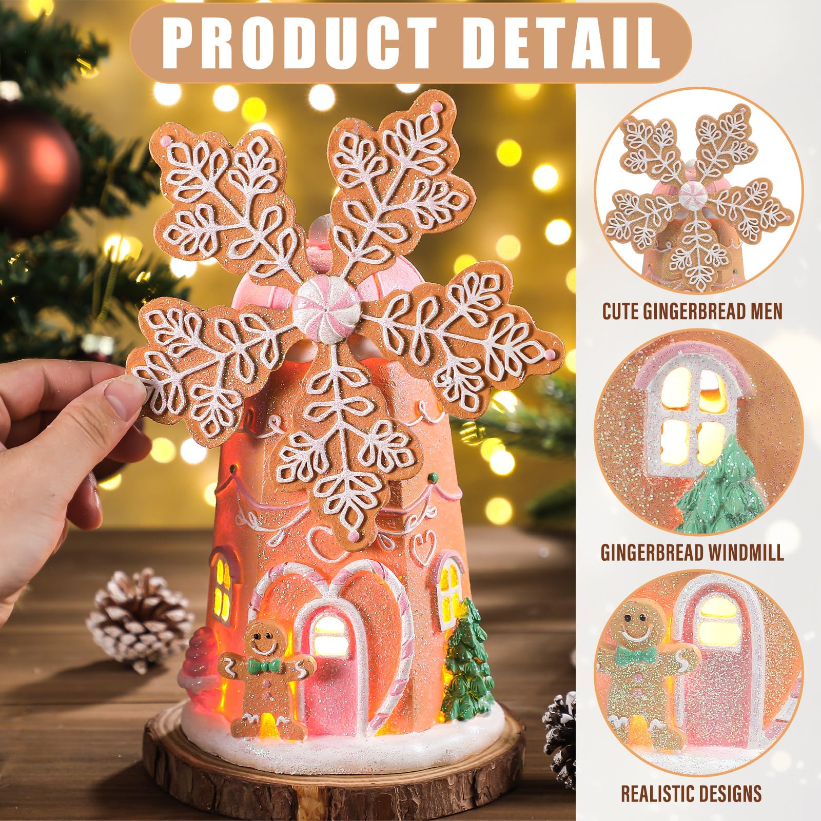 Wesiti Decoración de casa de pan de jengibre iluminada de Navidad de 9.5 pulgadas, figuras de molino de viento de Navidad hechas a mano, decoración navideña para fiesta, centro de mesa, mantel, mesa