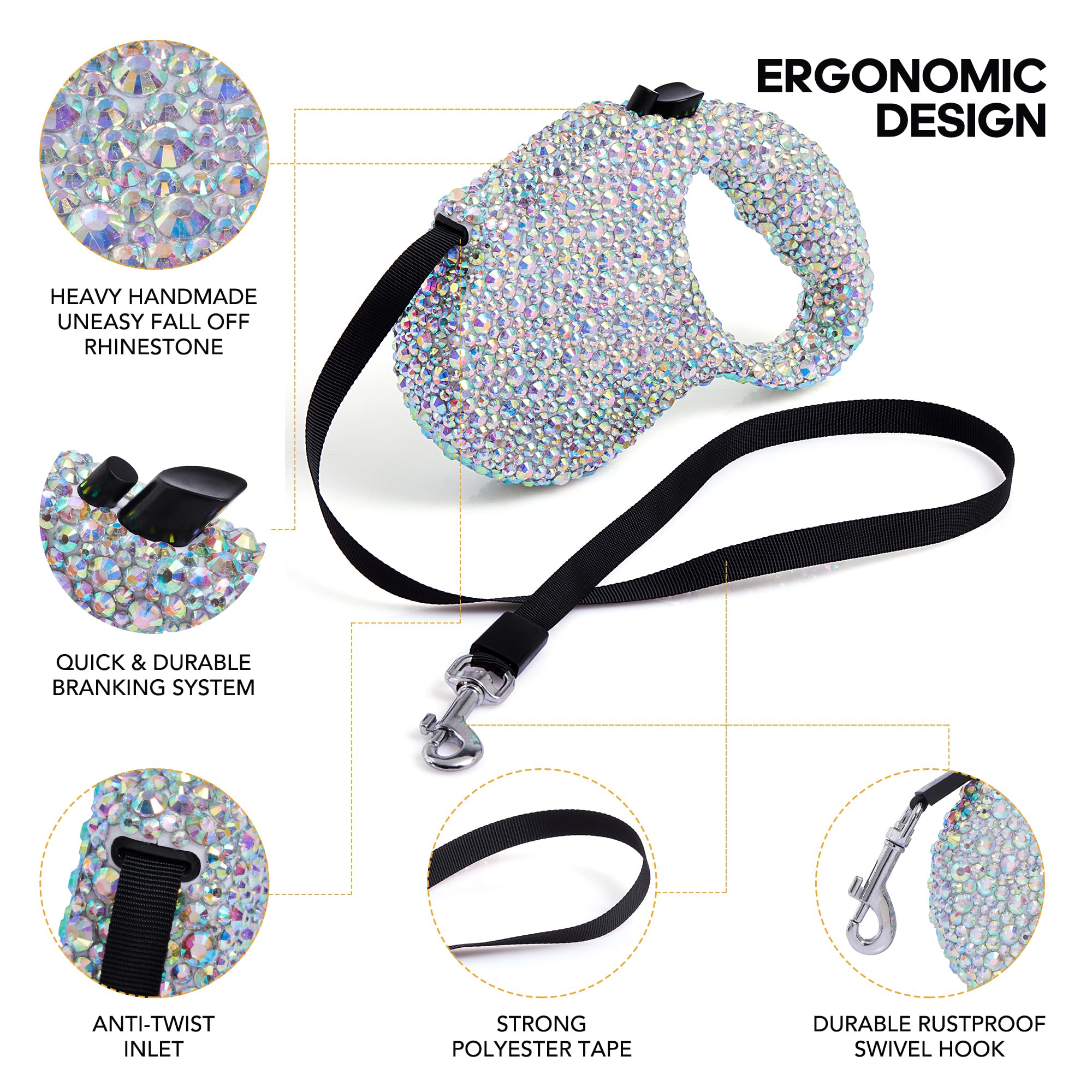 SlowVibes Sparkling Retractable Dog Leash,Rhinestone Pet Walking Leash for Small Medium Dog Cat Puppy,Durable 16 ft Strong Nylon Tape,360°Tangle-Free,One-Handed Brake - Image 3