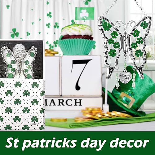 Miniatura 3 de KY&BOSAM Trébol mariposa atrapasoles Faith Hope Love Irish Catcher para ventana, adorno colgante celta, carillón de viento, alas de flores reales