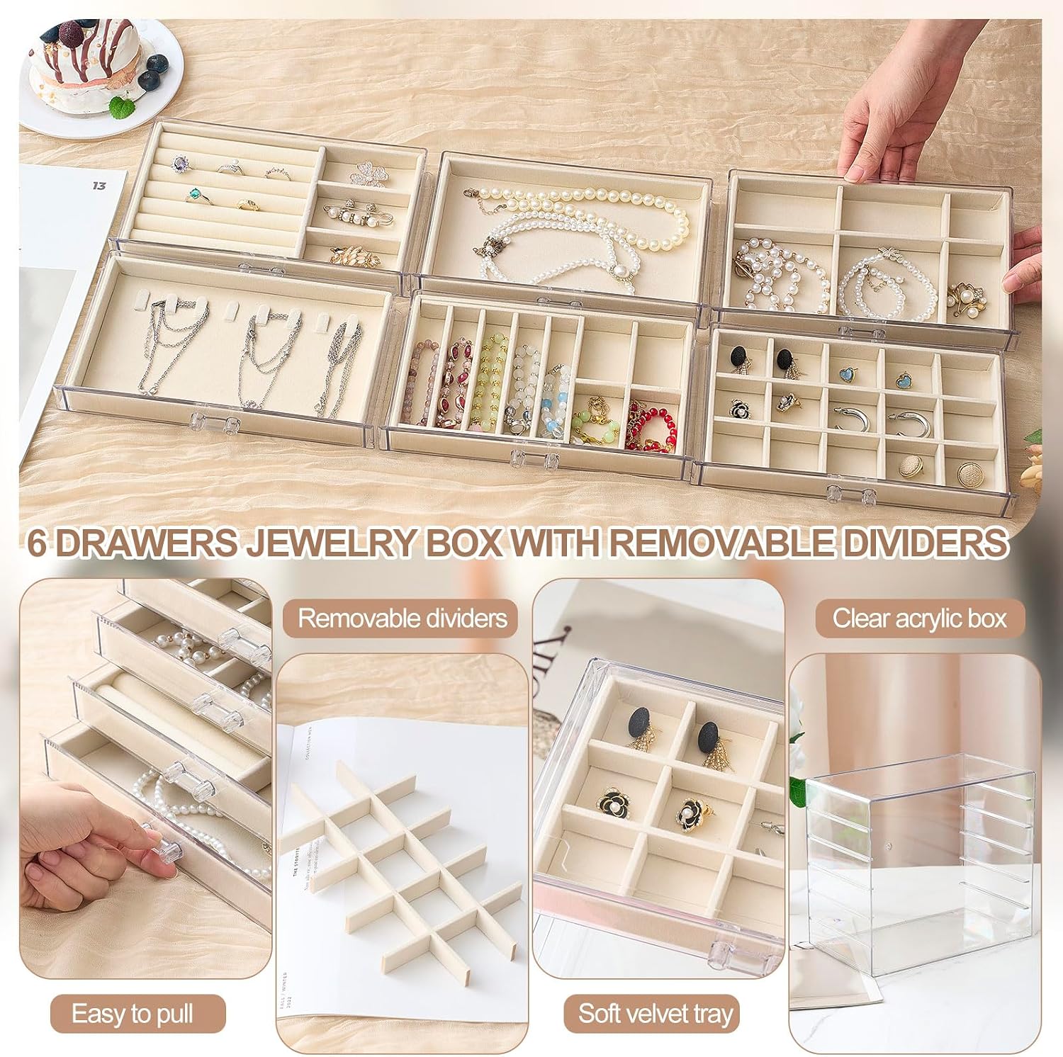 6 Drawer Clear Acrylic Jewelry Organizer with Velvet Lined Trays, Jewelry Box with Drawers for Earrings, Rings, Necklaces, Brooch, Bracelets, Watches, Stackable Storage Organizer for Women, Gift Ready