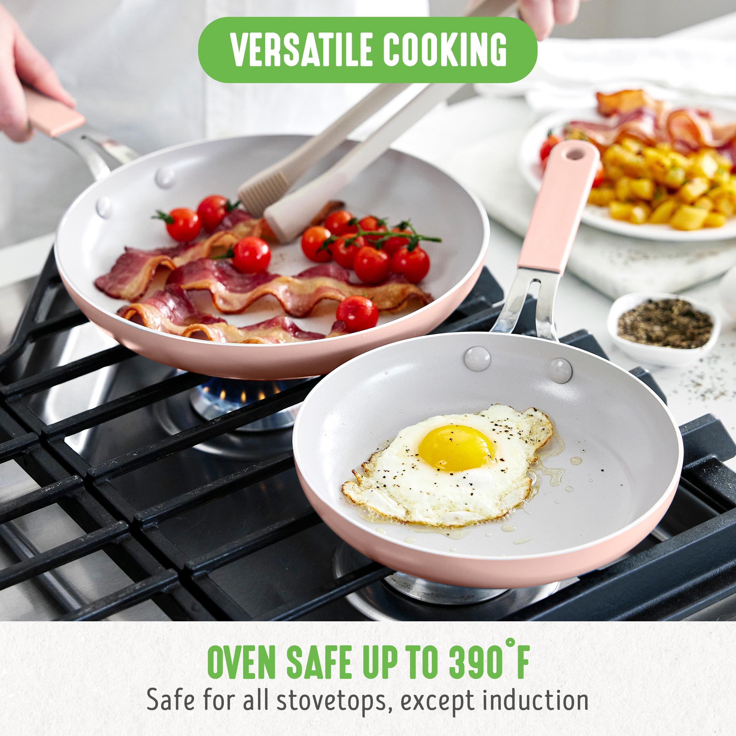 GreenLife 20,3 cm & 25,4 cm 2-teiliges Antihaft-Keramik-Bratpfannen-Set, leicht, gesund, PFAS-frei, spülmaschinen- und ofenfest, langlebiger Körper, kühlbleibende Silikongriffe, einfaches Herauslösen