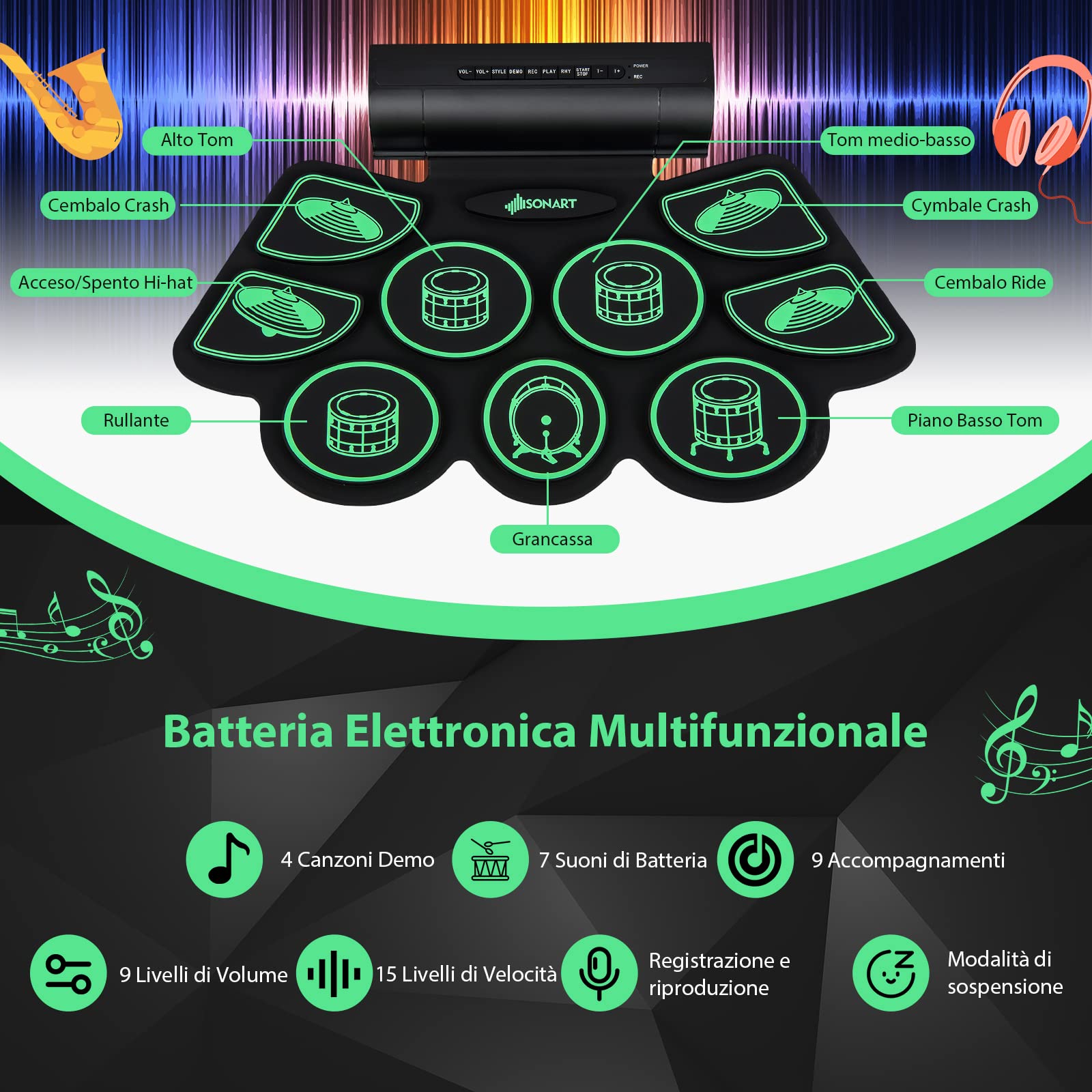 Batteria Elettronica 9 Pad - Con Altoparlante, Bacchette E Pedali, Per Principianti E Bambini - Foto 2