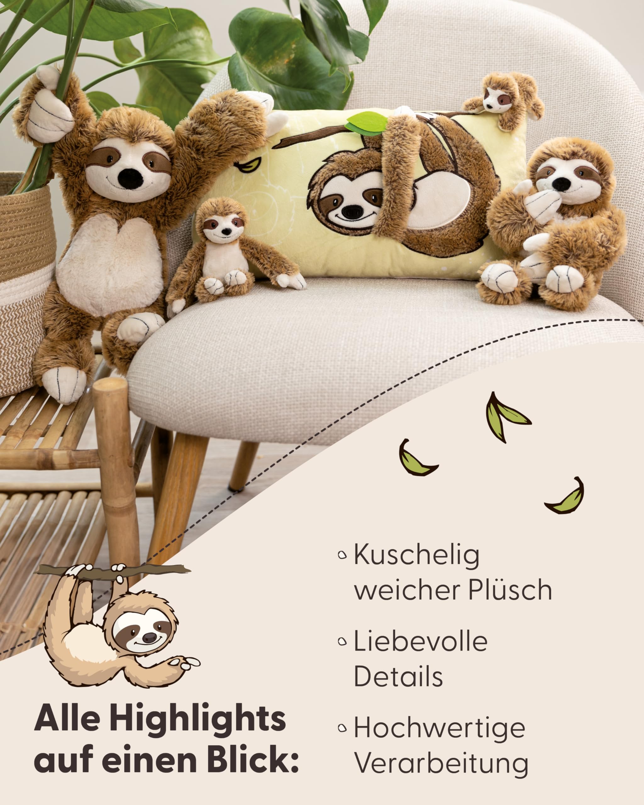 NICI Kinder Kissen Faultier Slobby 43x25cm braun - Flauschiges Kuschelkissen für Kinder und Kuscheltierliebhaber: ideal für Zuhause, Kindergarten oder unterwegs - 61216