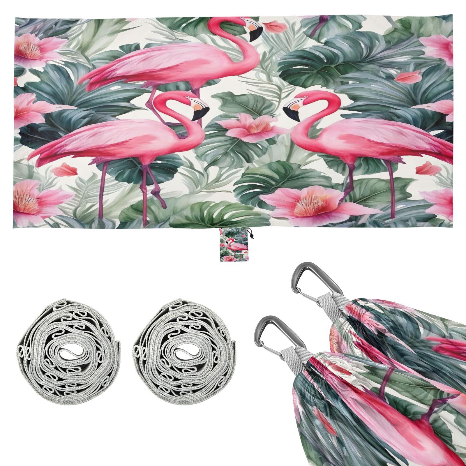 SDMKA Watercolor Pink Flamingo Camping Hammock, 330 lbs with 2 Tree Straps, Carry Bag, Single Portable Hammock for Outdoor/Indoor, Hiking, Beach, Backpacking, Travel