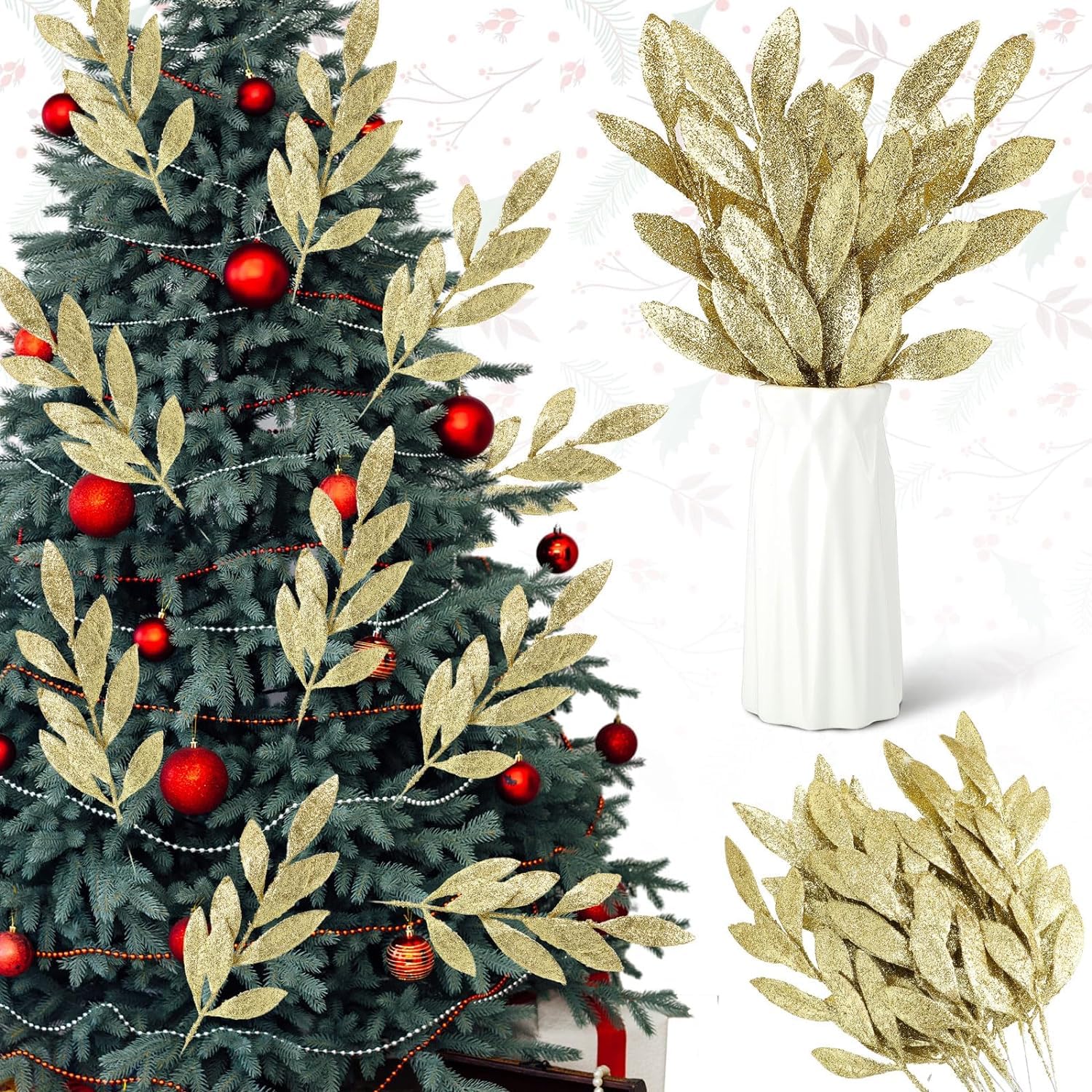 NICPET 20 Pieces Christmas Glitter Leaves Artificial Leaf Gold Glittered Spray Picks 13’’ Fake Floral Leaf Branches Xmas Decoration for Christmas Tree (Gold,30 Pieces)