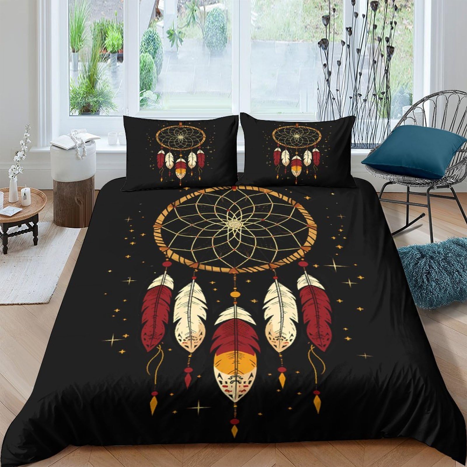 GPLZQXKJNH 3D Printed Dreamcatcher Duvet Cover Microfiber Soft Boho Feather Quilt Cover Set with 2 Pillowcases for Bedroom Home Decor Single（135x200cm）