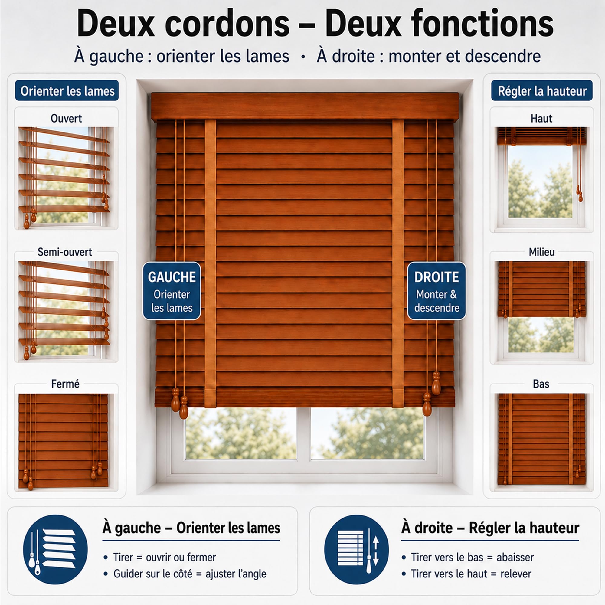 Store venitien Bois sur Mesure pour fenetre Interieure, Bois de Paulownia veritable avec Lames 50 mm, Pose avec percage, Cordon, Protection visuelle et reglage de la Lumiere Walnussfarben