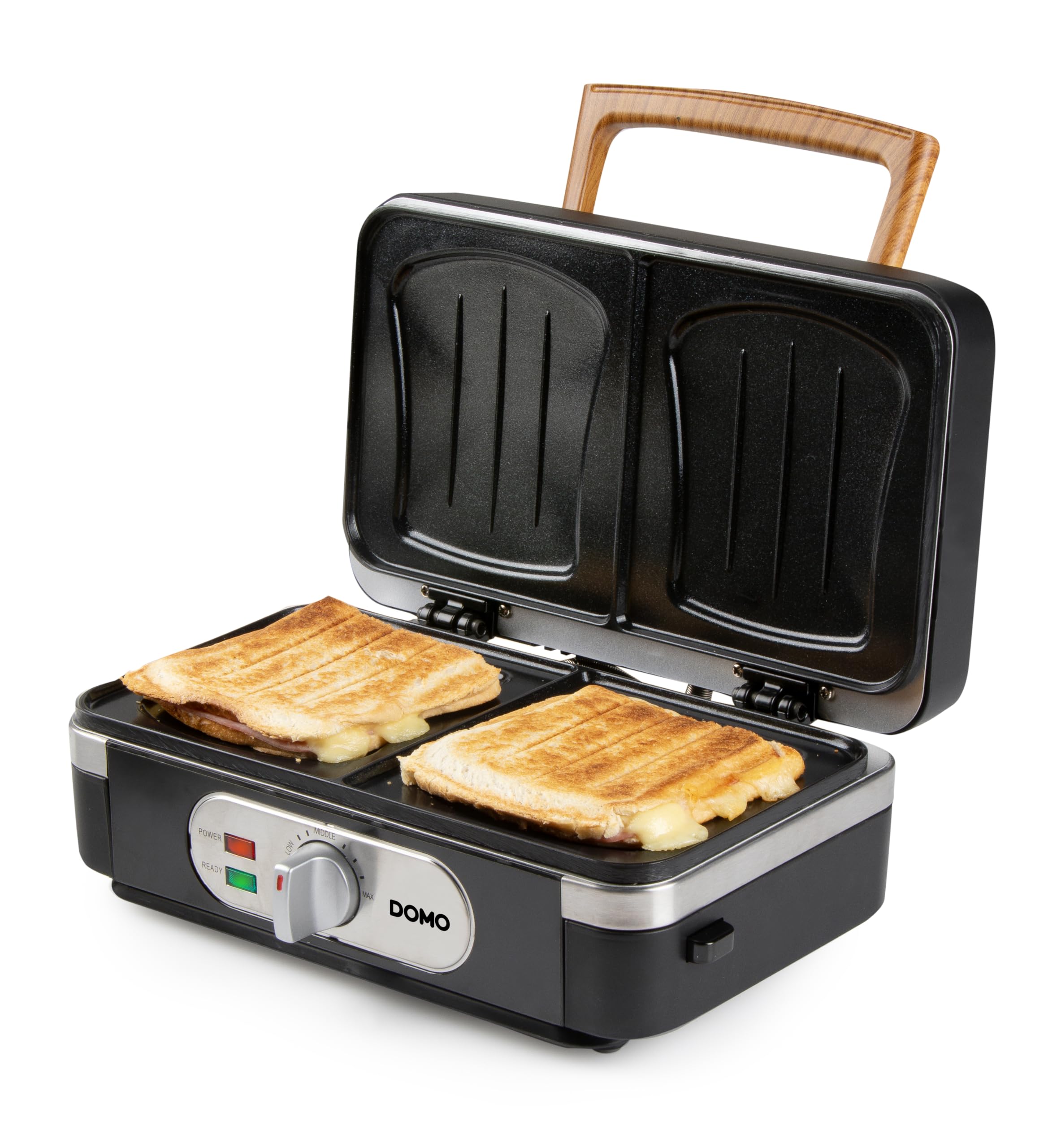DOMO DO9278C Multifunktionsgerät 3-in-1 - Sandwichmaker - Waffeleisen - Kontaktgrill - 1100W - Mattes Design in Schwarz mit Holzgriff
