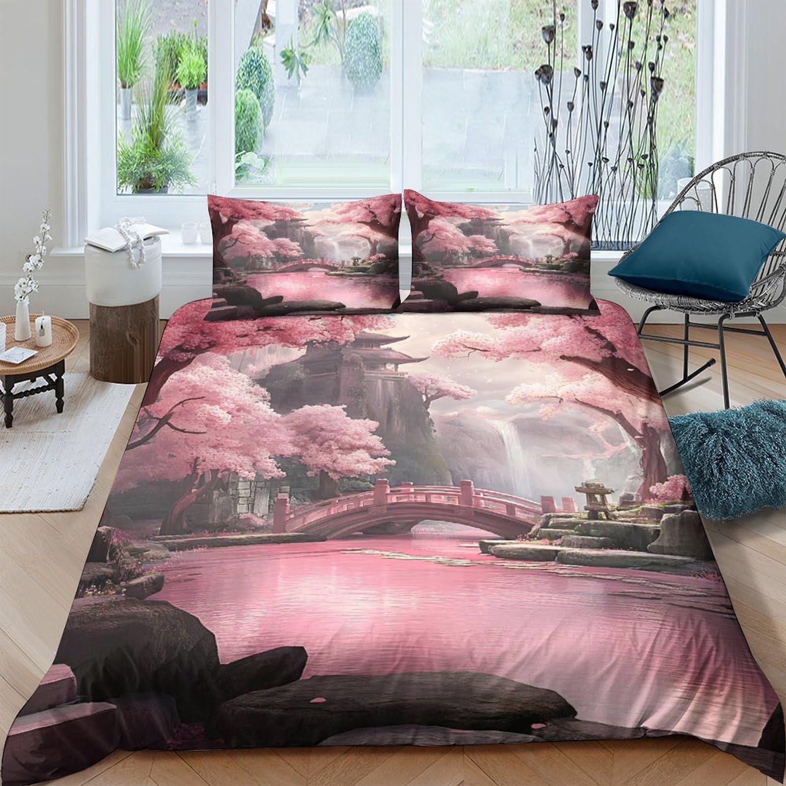 Ctjqhvkz Style-4 3D Printed Sakura River Fitted Sheet Microfiber Soft Pink Landscape Mattress Cover For Bedroom Guest Room Protection Decor Single（135X200cm）