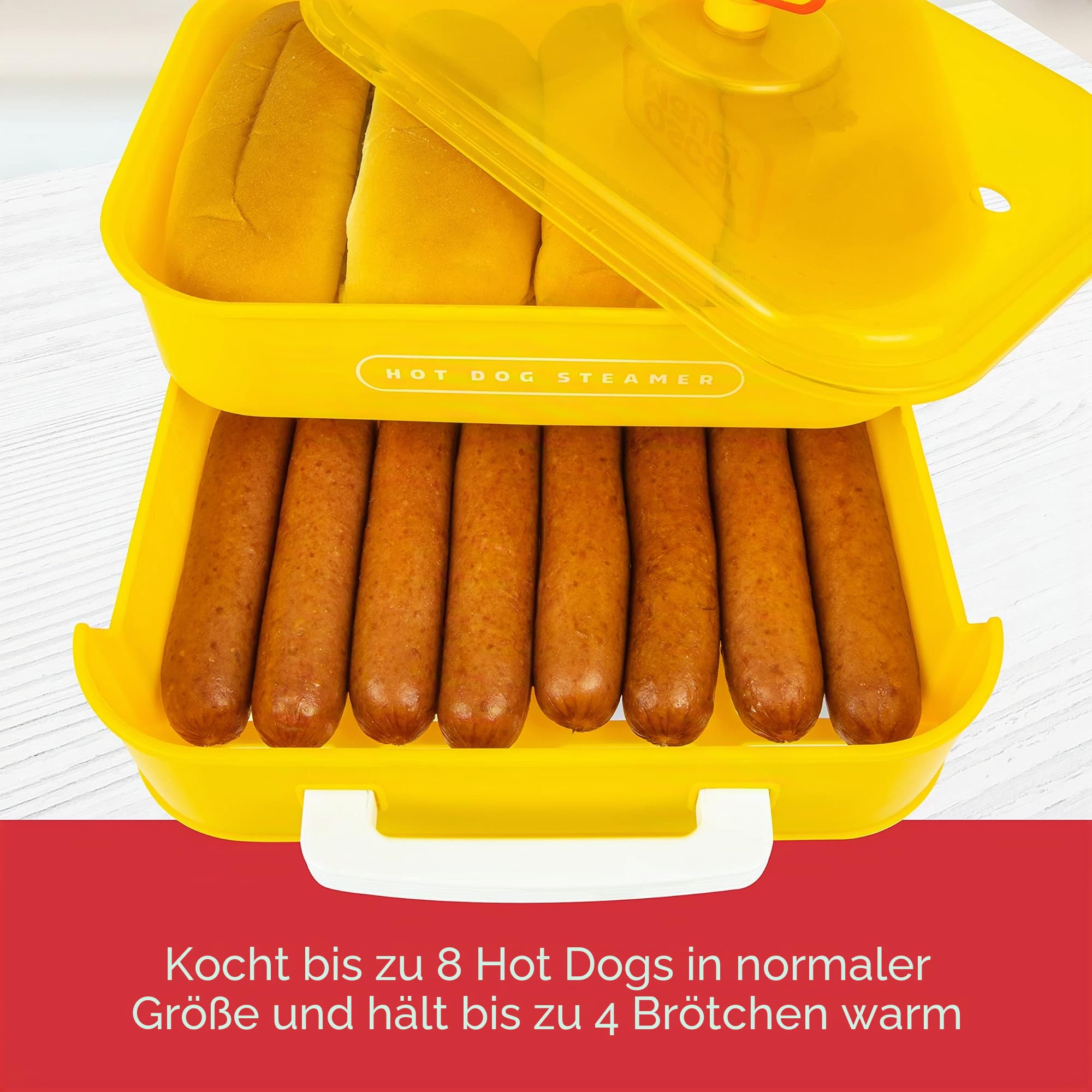 Nostalgia Oscar Mayer Hot Dog Dampfgarer und Brötchenwärmer, 8 Hot Dog und 4 Brötchen, Dampfbrötchen, Würstchen, Gemüse, Fisch, Knödel, Gelb