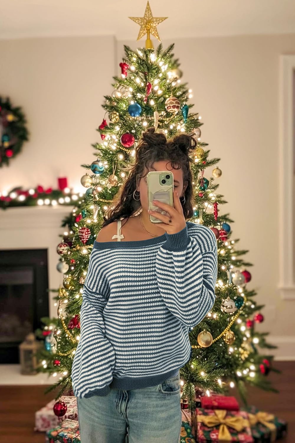 Soesdemo Womens Oversized Sweater Off The Shoulder Crewneck Striped Cute Long Sleeve Knitted Pullover Tunic Sweaters - Image 8