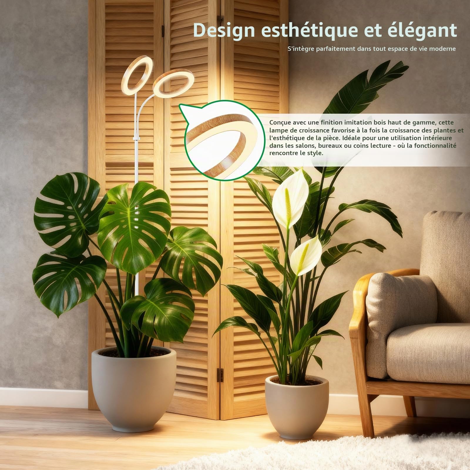 2 têtes Lampe de Croissance avec Support, Lampe Pour Plante à spectre complet pour plantes d'intérieur, Minuterie Automatique 6/12/18H, 42-155cm Einstellbare Höhe für hohe Pflanzen（Faux grain de bois）