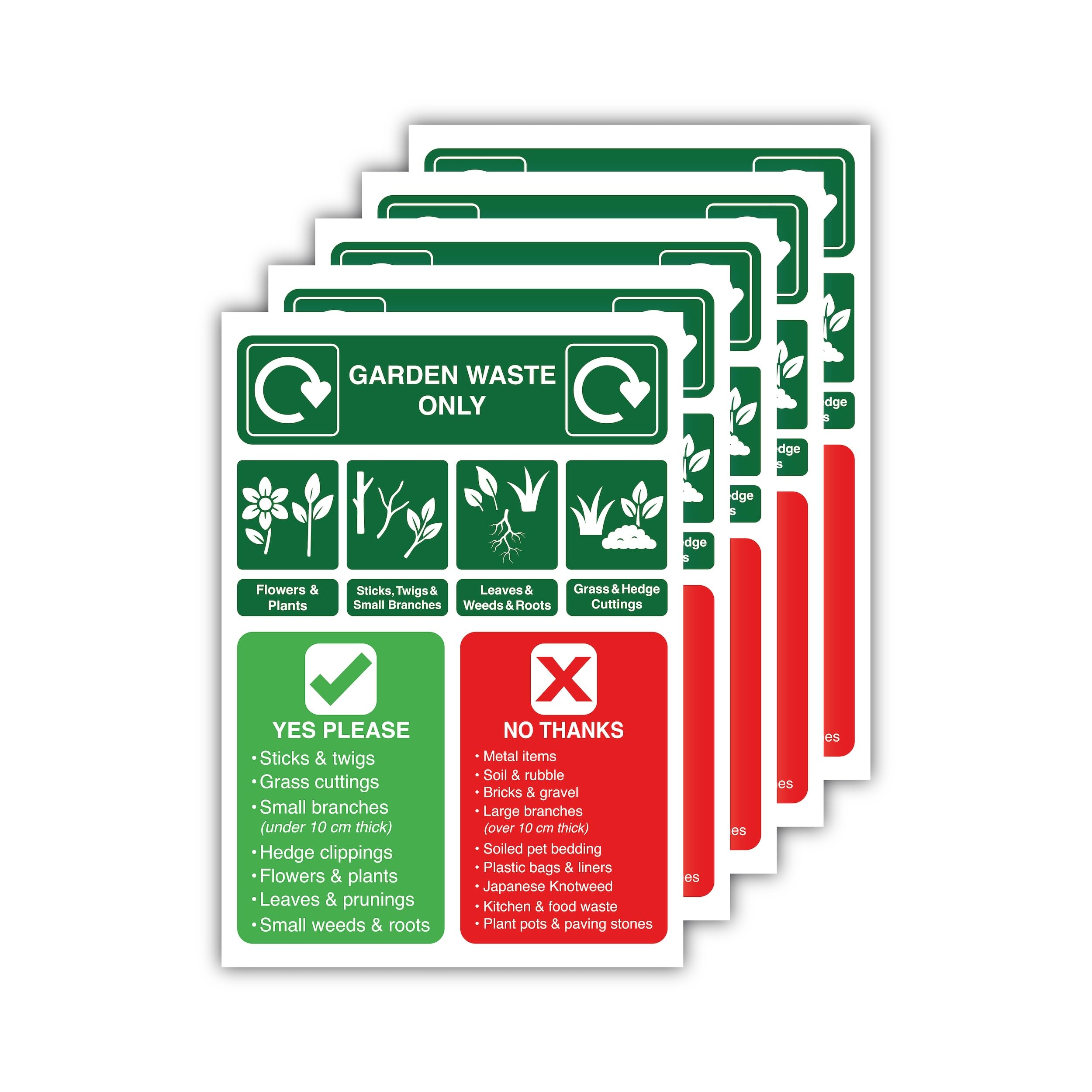 5 Pack Garden Waste Only Bin Sign Stickers – A5 Self-Adhesive Laminated Polypropylene Garden Waste Recycling Labels