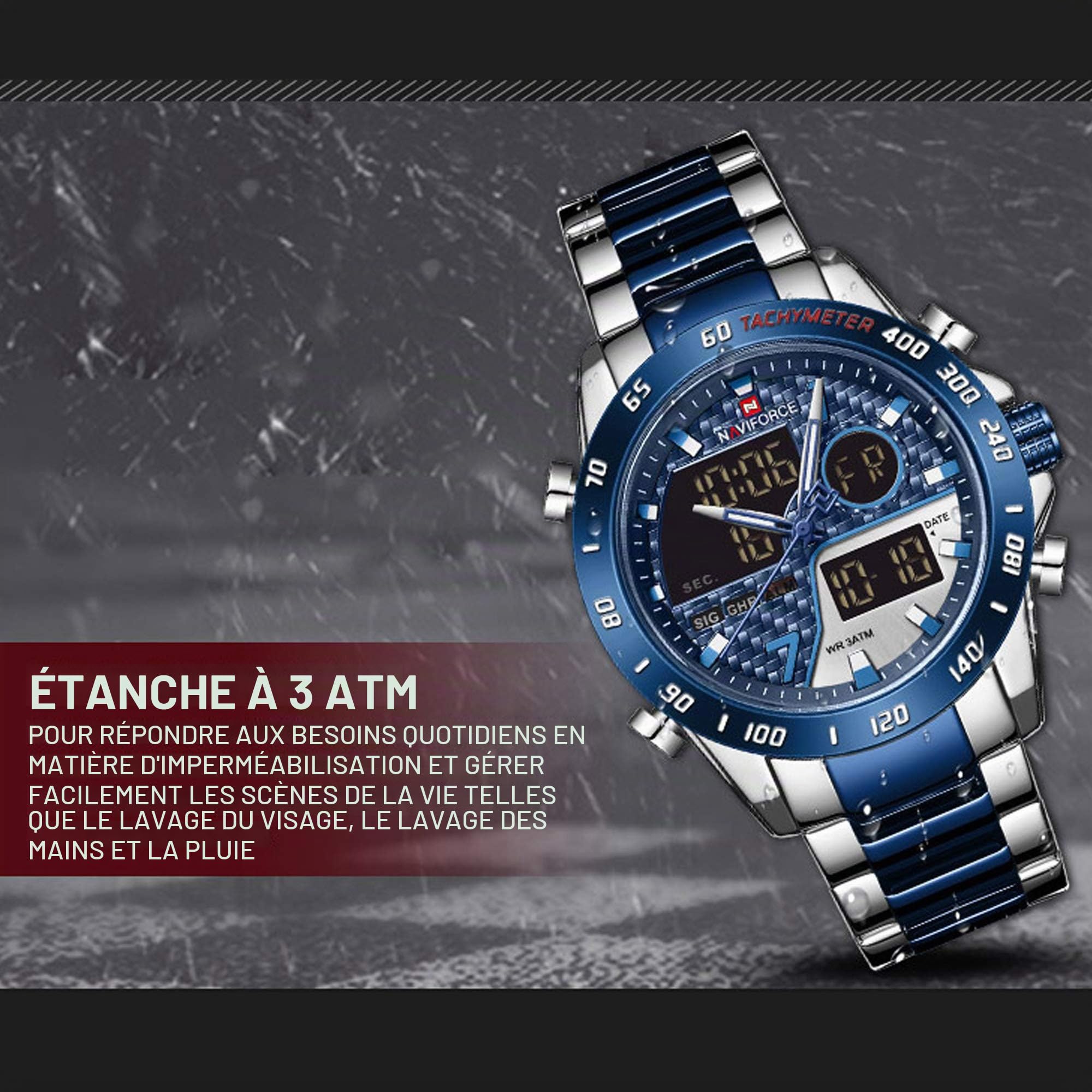 NAVIFORCE Montre à quartz analogique et numérique multifonction pour homme avec chronographe, double fuseau horaire, fonction snooze SIG