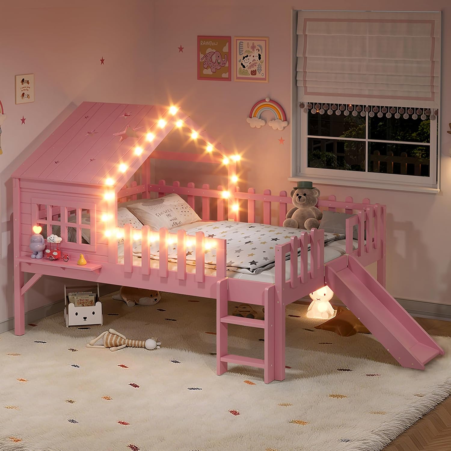 SOFTSEA Full Size House Loft Bed with Slide for Kids, Low Loft Bed with Storage Shelf, Roof, LED Lights & Guardrails, Wooden Playhouse Loft Bed Frame for Boys & Girls, Pink
