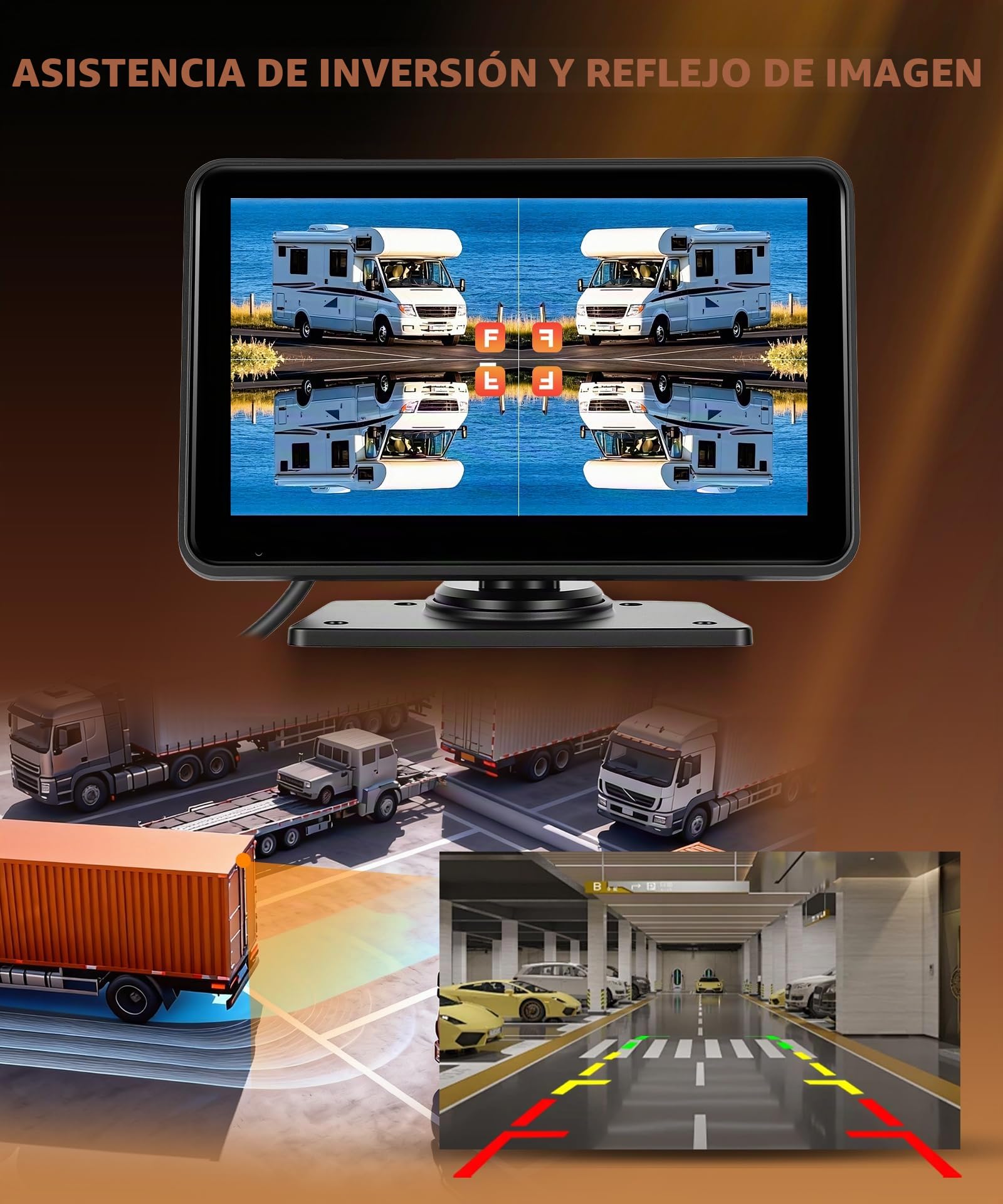 Cámara de Marcha Atrás de Coche con 2 Cámaras con Mirror Link, 7 Pulgadas Pantalla Táctil Camara Trasera, Loop Video/Visión Nocturna/Impermeable IP68 para Camión/Remolque/Autobús/Caravana/Furgoneta
